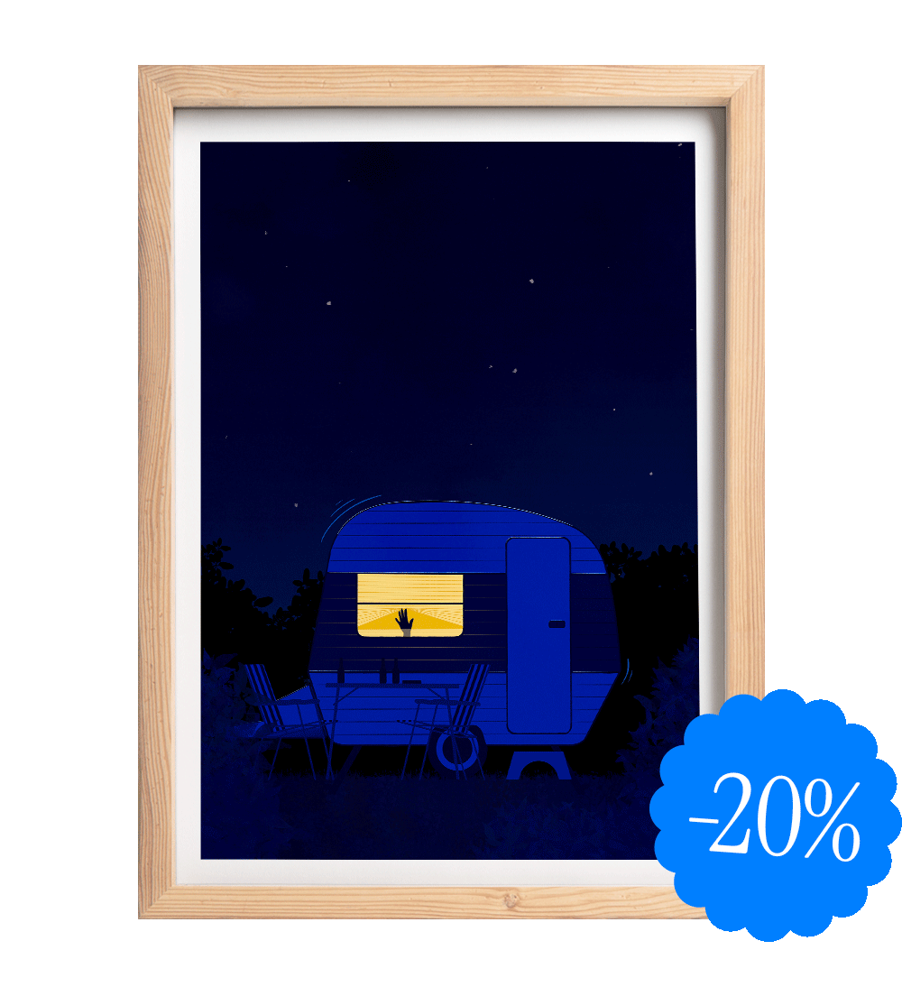 Illustration fine art d’une caravane sous un ciel étoilé, avec une main à la fenêtre. Ambiance estivale, mystérieuse et poétique, signée Coucou Aurélien.