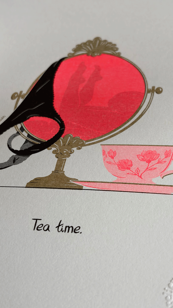 coucouaurelien-tea-time-risographie-erotique-miroir-or-rouge-fluo.png