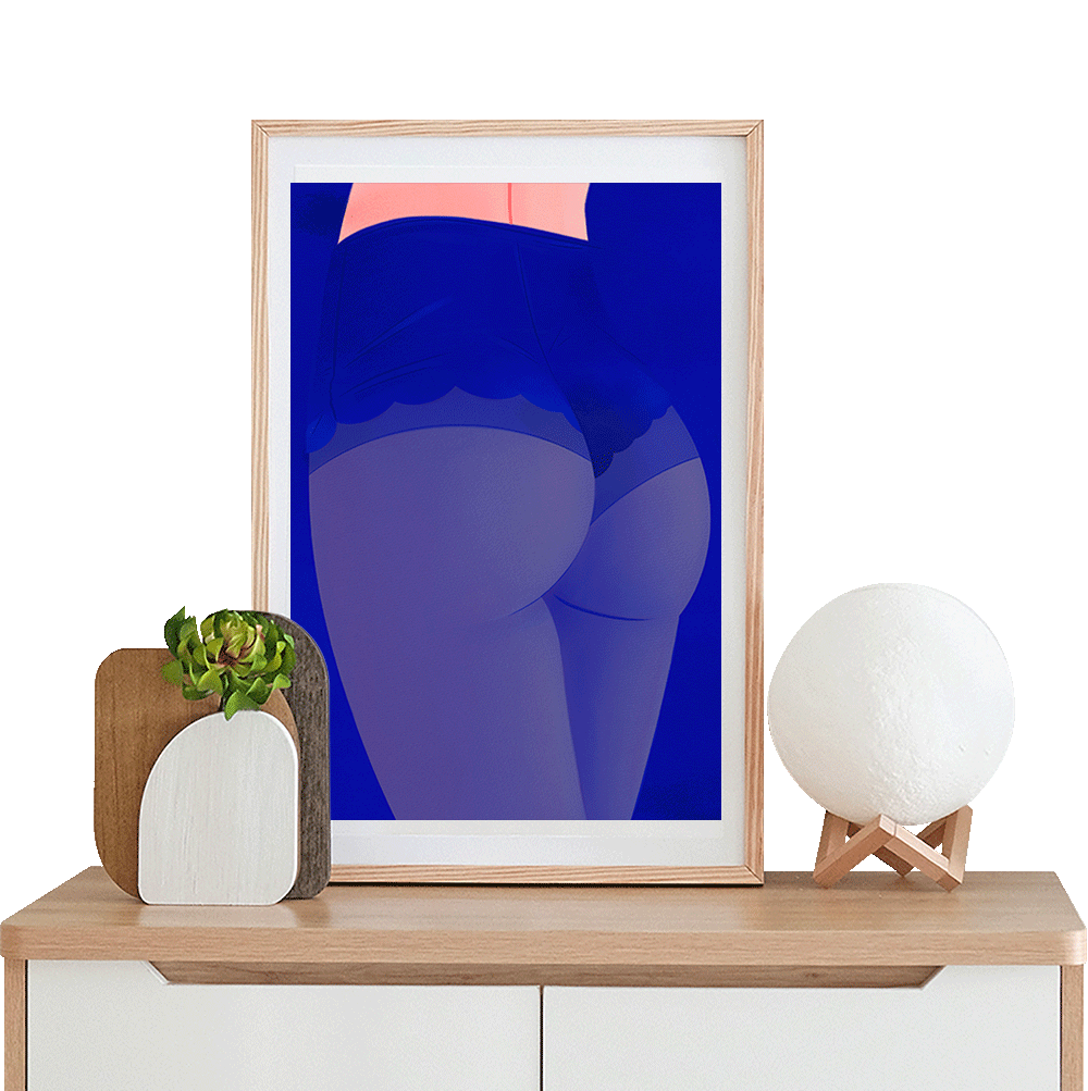 Sensual fine art illustration of feminine legs in blue stockings, by Coucou Aurélien. Elegant atmosphere, intense colors, a tribute to the female body.
