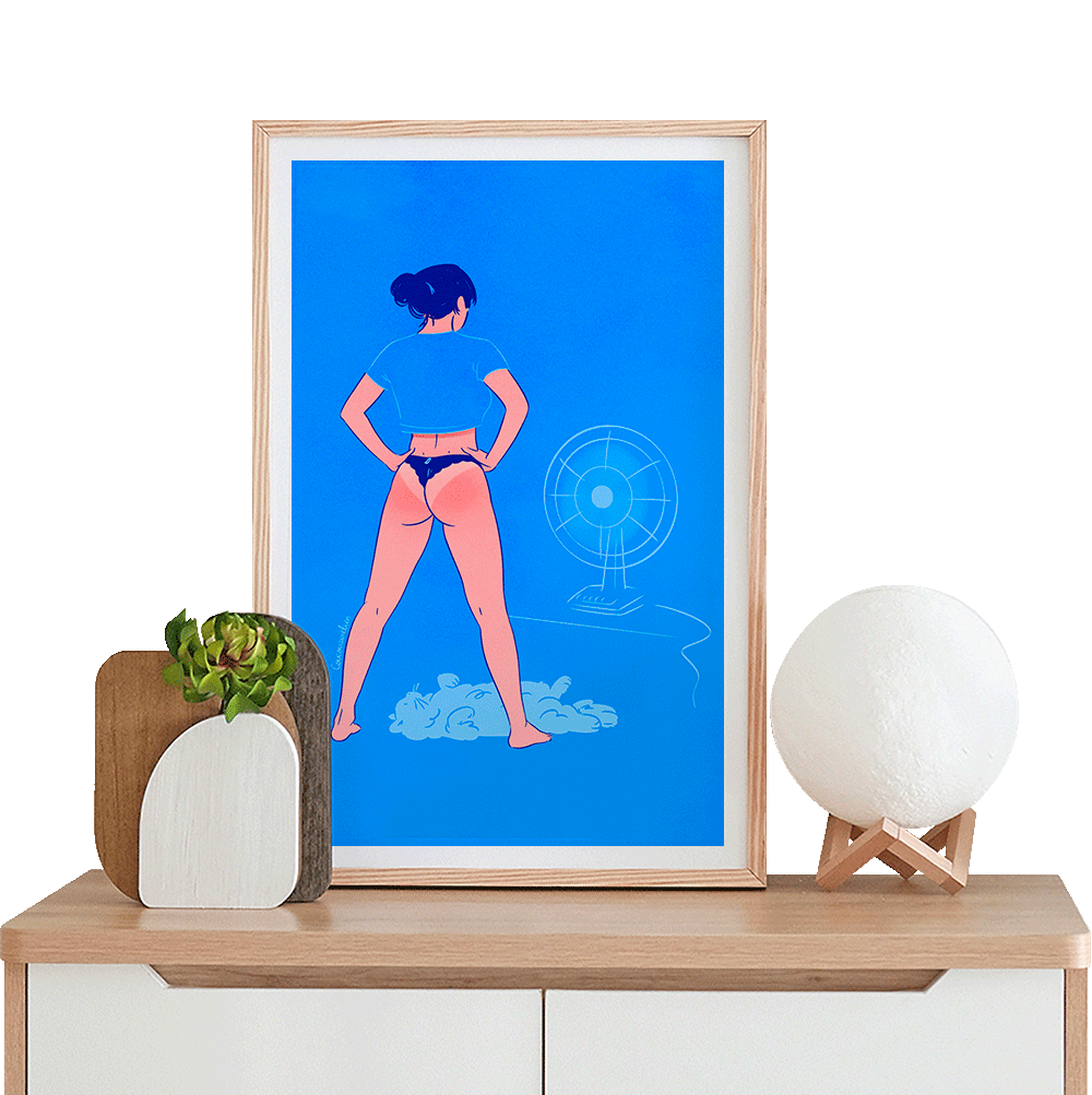 Illustration of a woman in a thong standing in front of a fan during a heatwave, showing tan lines in a playful summer scene.