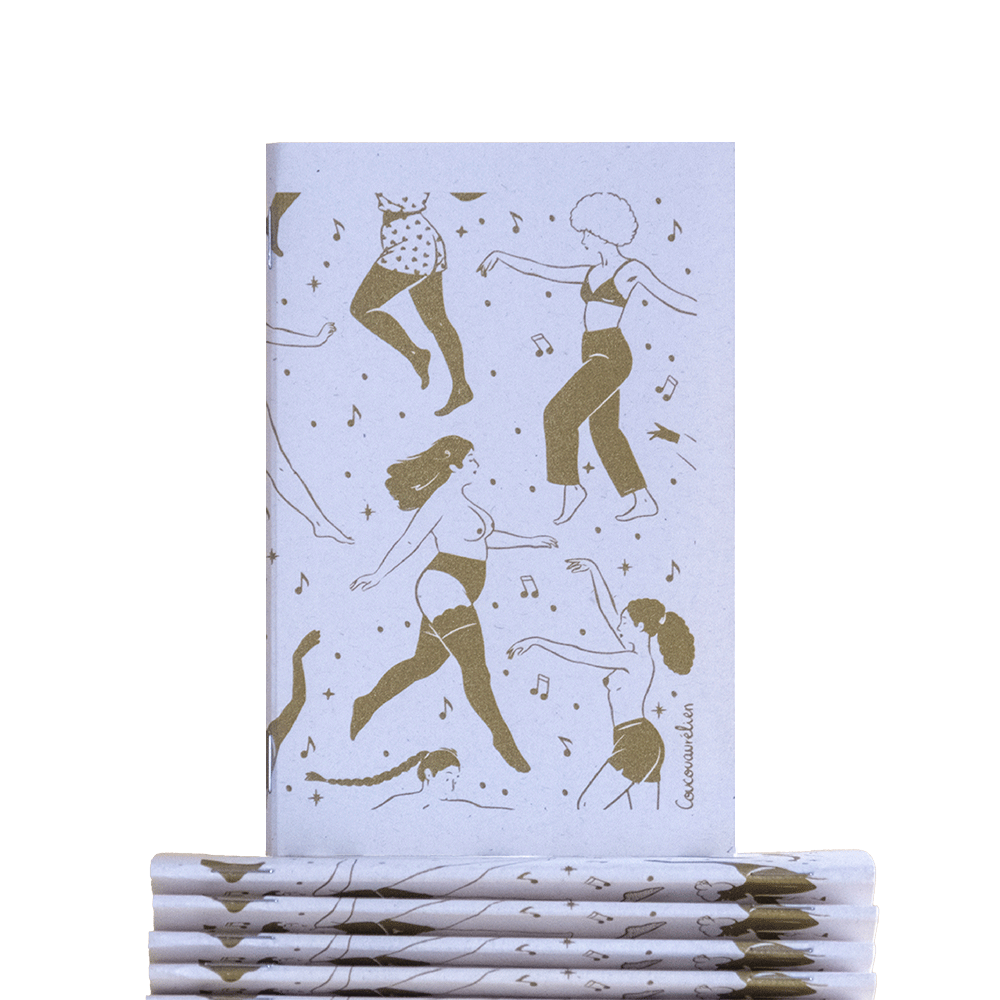 Carnet illustré en sérigraphie dorée représentant des femmes dansant, création sensuelle et poétique par Coucou Aurélien