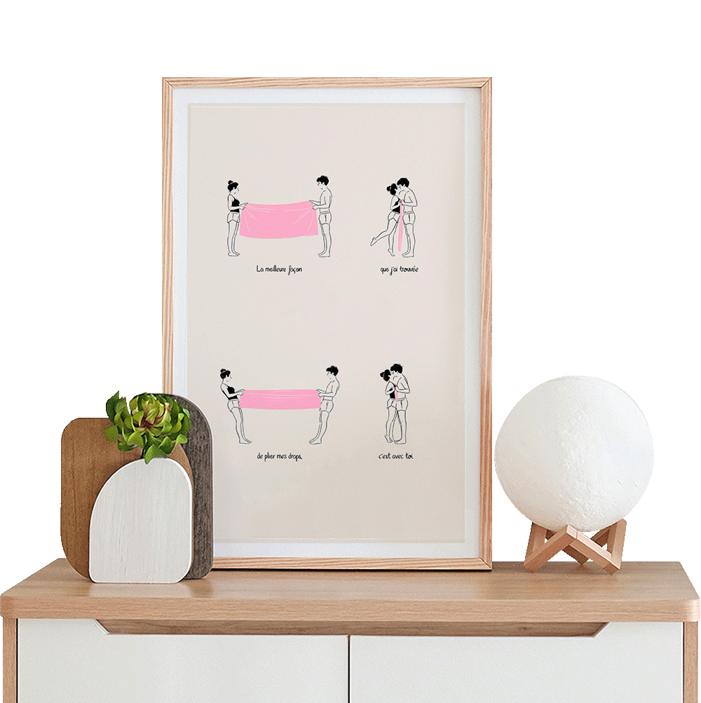 Four-scene illustration of a couple folding a sheet and kissing each time they move closer together.