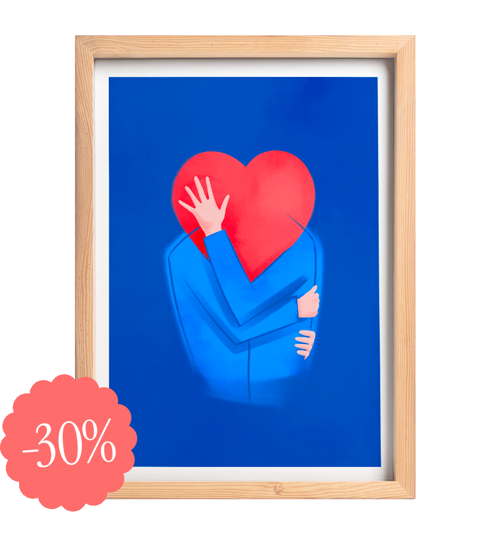 Illustration fine art d’un couple enlacé dont les têtes forment un cœur rouge sur fond bleu, signée Coucou Aurélien. Image tendre et poétique.