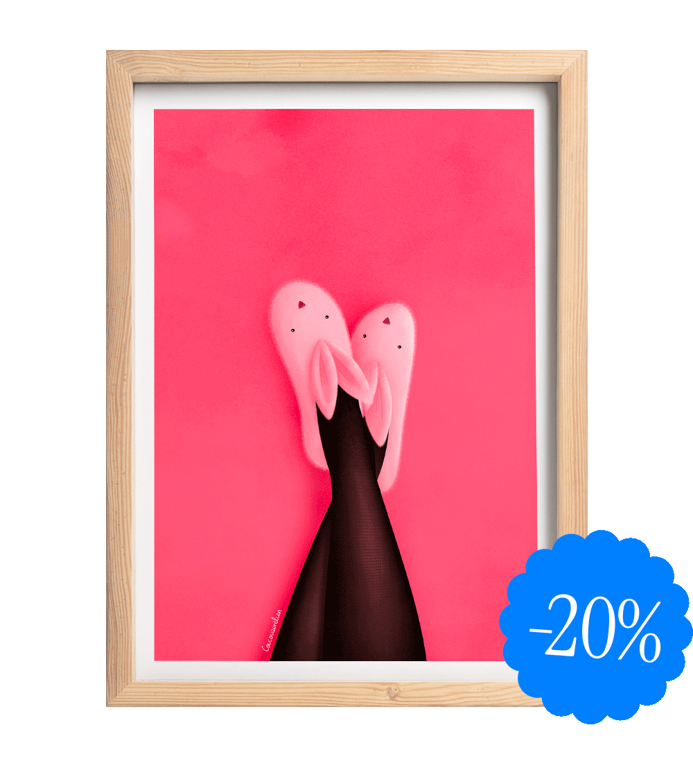 Fine art illustration of crossed legs in black stockings with pink bunny slippers, on a pink background. Playful, cheeky, and modern artwork by Coucou Aurélien.
