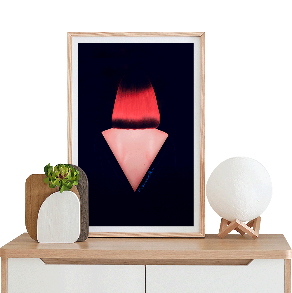 Fine art illustration of a red-haired woman seen from behind, with a bob haircut and black V-neck dress. Elegant and mysterious artwork by Coucou Aurélien.