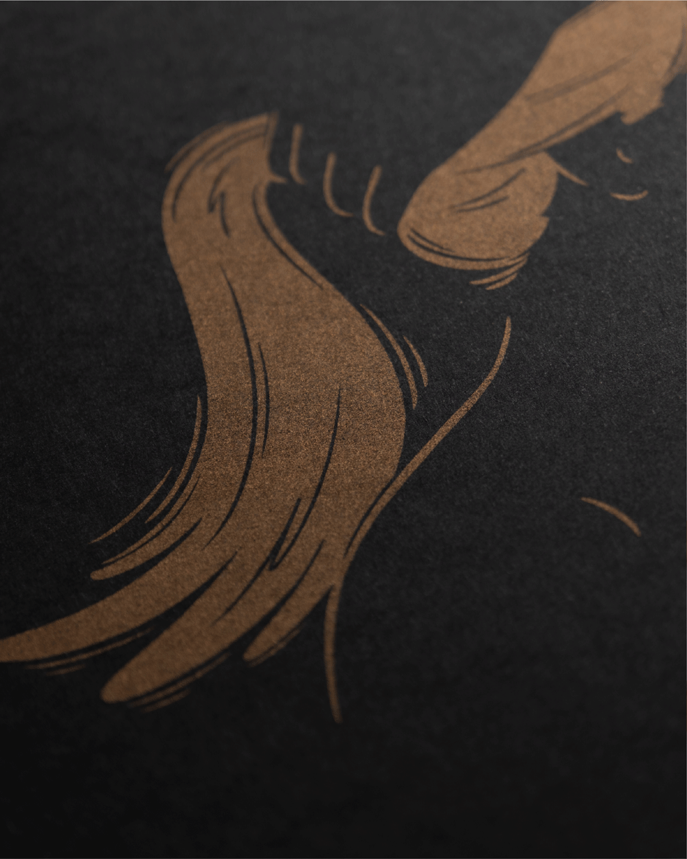 A gold risograph illustration evocatively depicting fellatio, suggested by a ponytail and a few facial features. The title "ponytail" plays on the double meaning. Author: coucouaurelien
