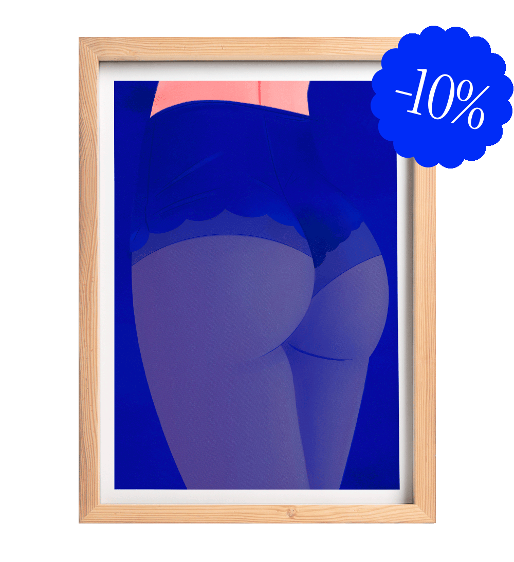 Illustration fine art sensuelle de jambes féminines en bas bleus, signée Coucou Aurélien. Ambiance élégante, couleurs intenses, hommage au corps féminin.