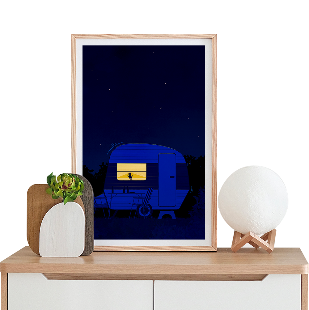 Fine art illustration of a caravan under a starry sky, with a hand in the window. Summery, mysterious, and poetic mood by Coucou Aurélien.