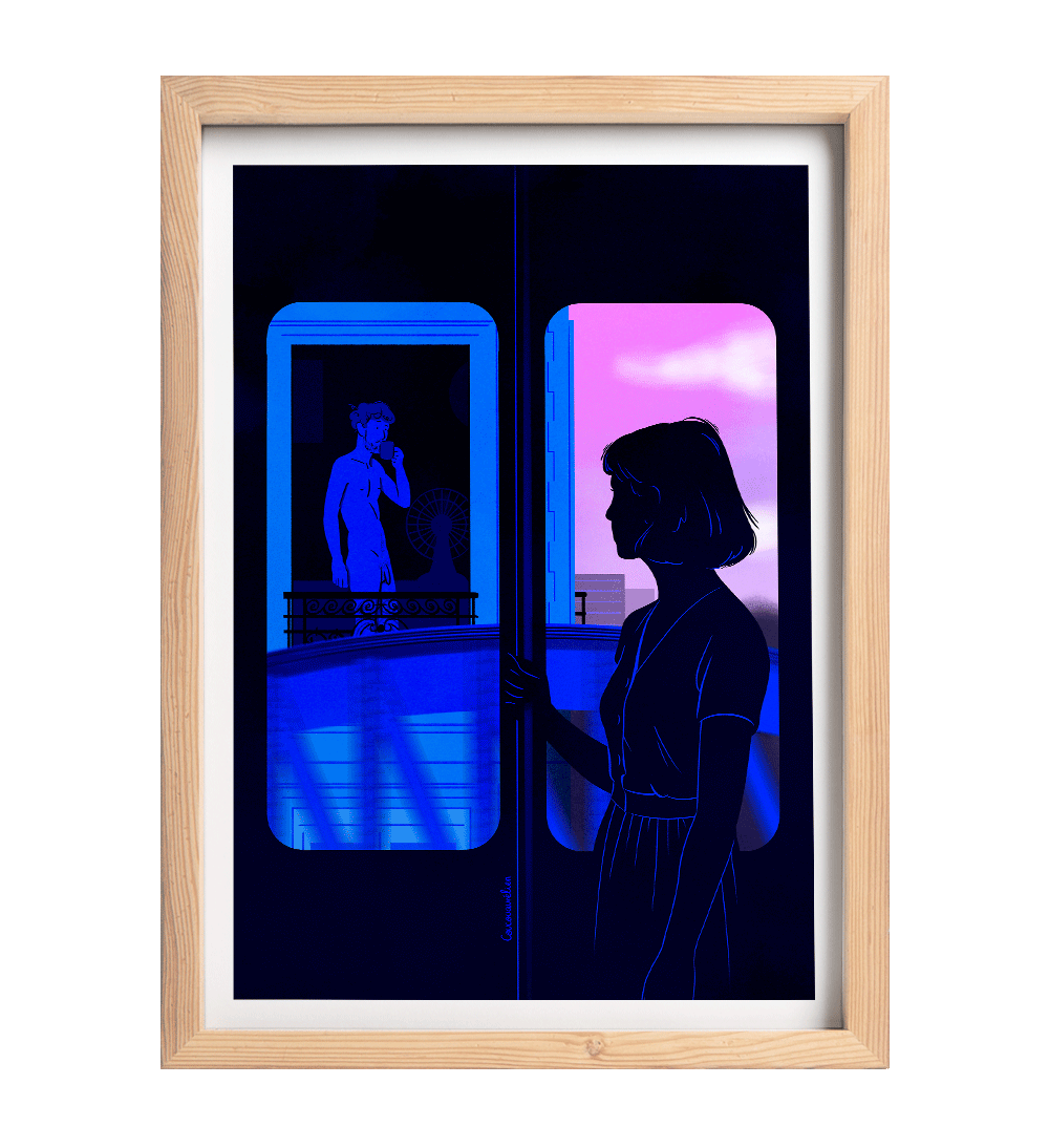 Illustration fine art : échange de regards entre une femme dans le métro aérien à Paris et un homme nu à sa fenêtre haussmannienne. Signé Coucou Aurélien.