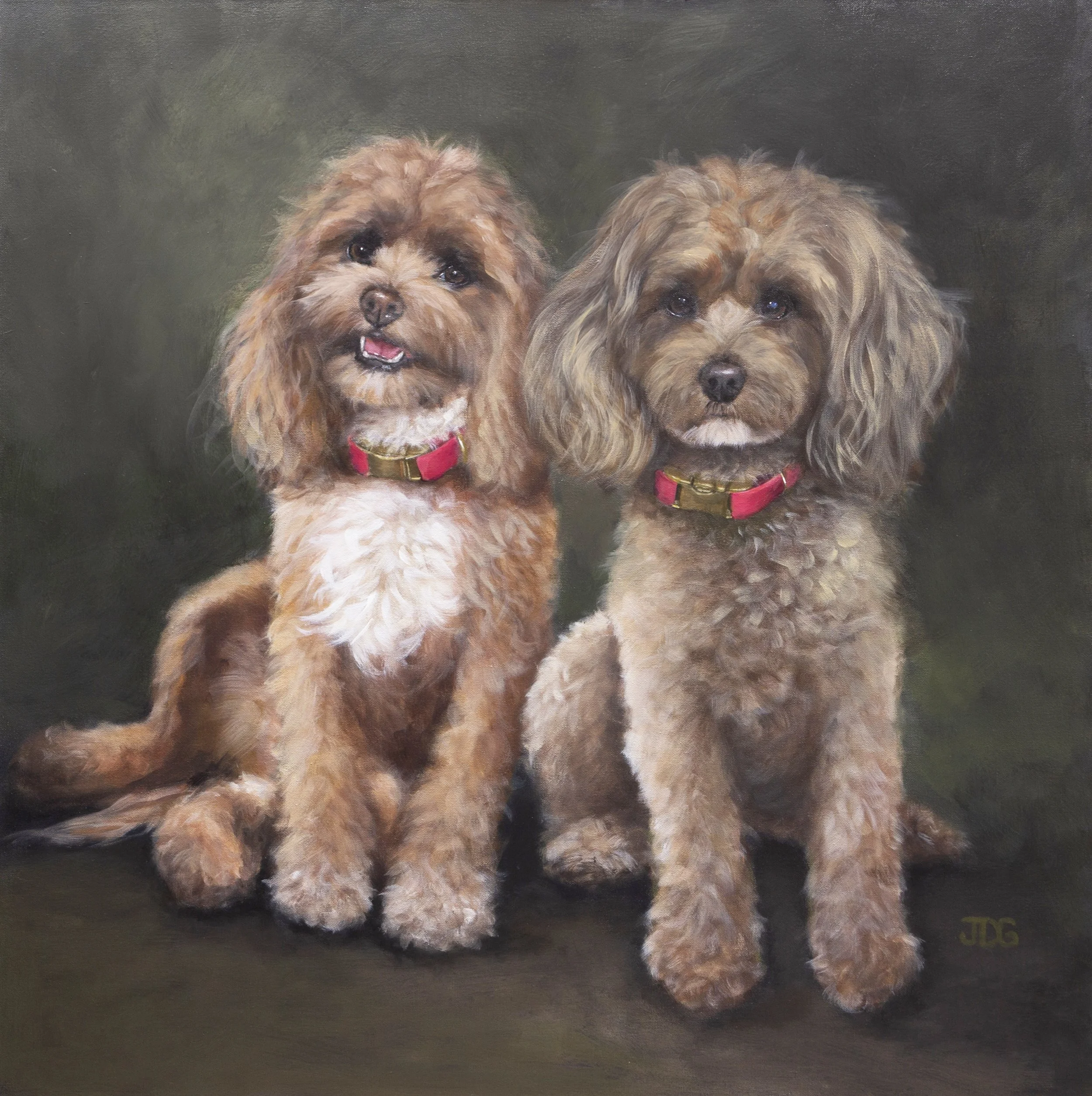 Custom portrait painting in acrylics of a delightful pair of Cavapoo pups. 
