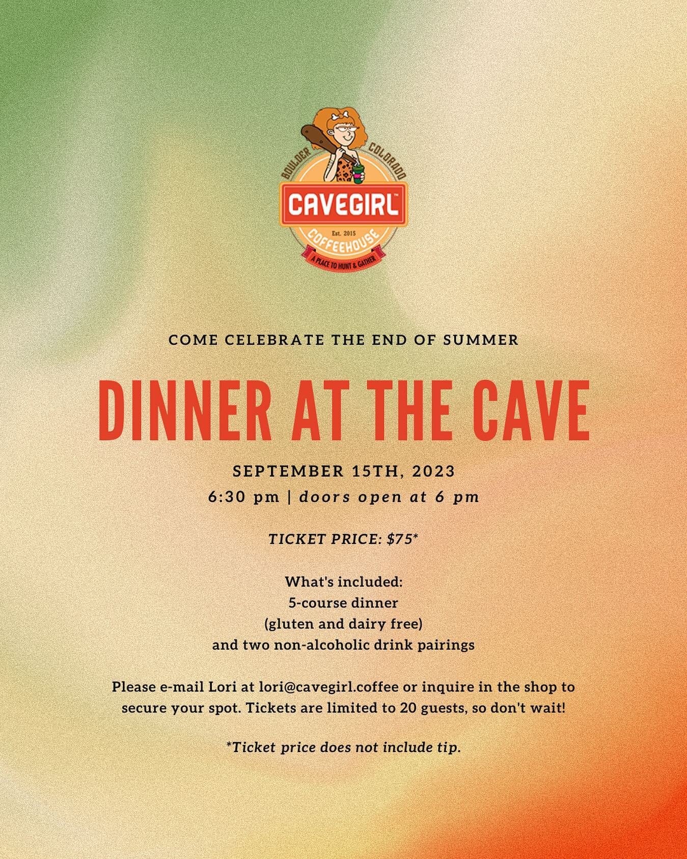 ➳ Colorado friends, come celebrate the end of summer with us!

It&rsquo;s time for our third Dinner at the Cave, at @cavegirlcoffeehouse. 

Five course menu created by yours truly and two drink pairings, all allergen friendly as always at the Cave.

