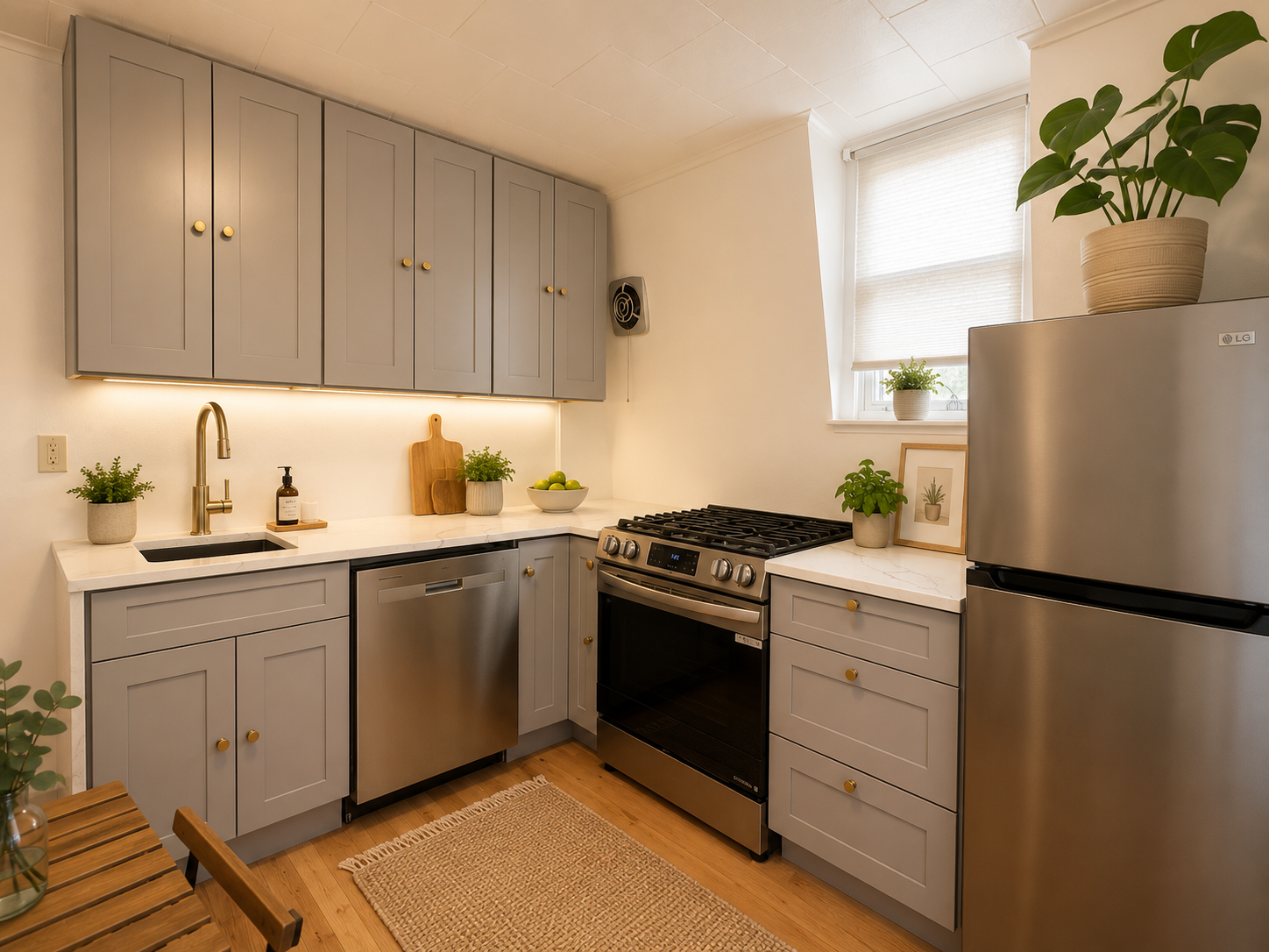 A modern kitchen with light gray cabinets, white marble countertops, and stainless steel appliances. There are green potted plants on the counters and a window with white blinds letting in natural light.