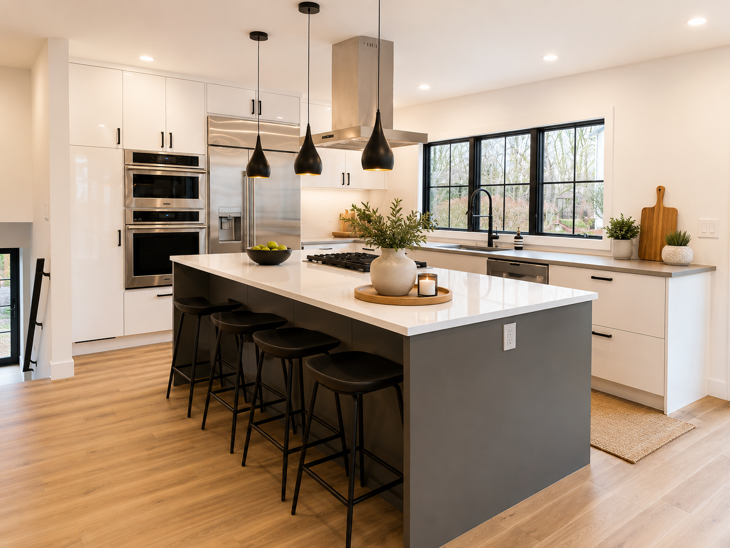 Modern kitchen with white cabinets, black accents, stainless steel appliances, and a large island with black barstools. Black pendant lights hang above the island, and large windows provide natural light, showing a view of trees outside.