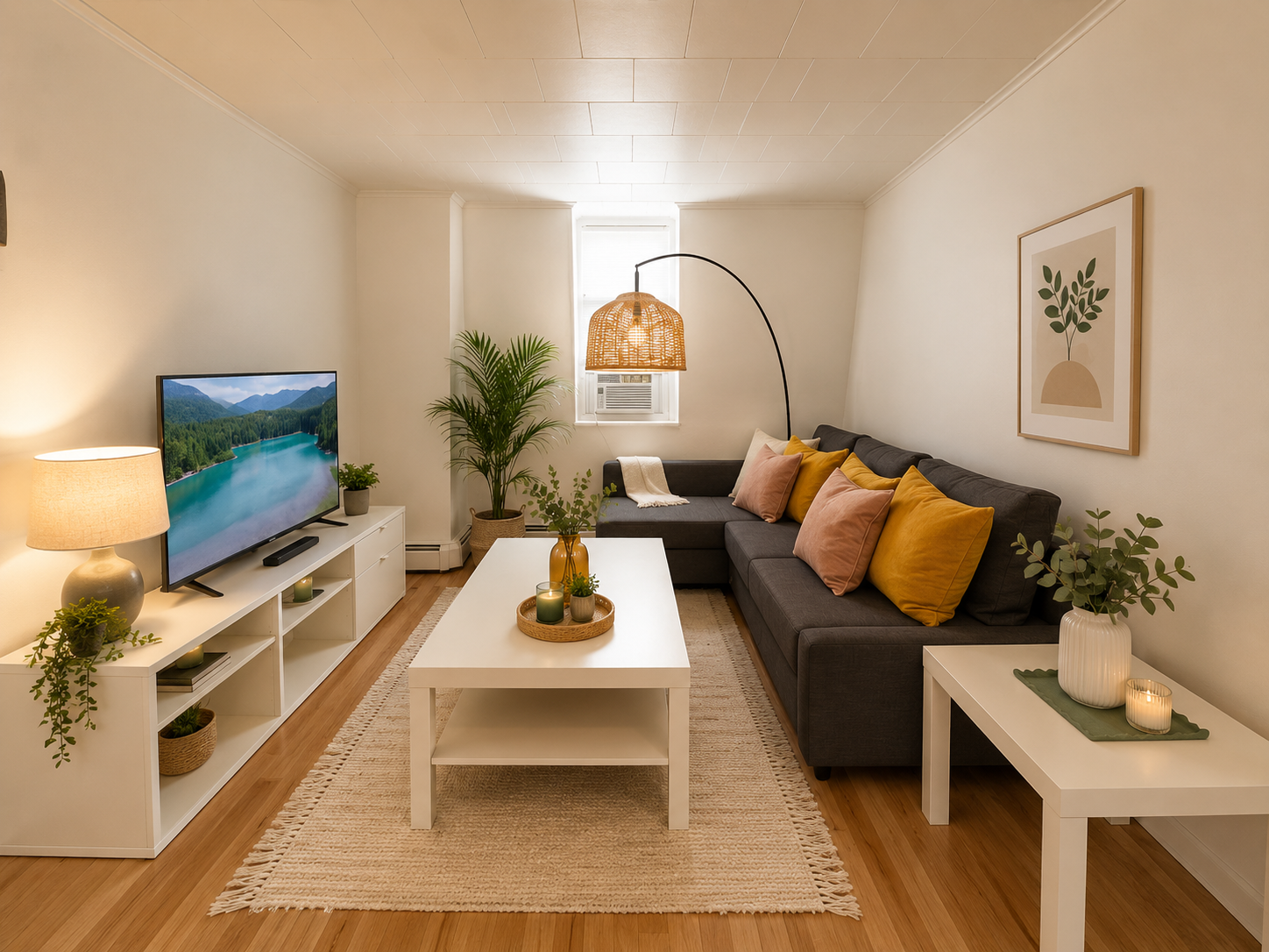 Cozy living room with white walls, wooden flooring, a dark gray sectional sofa with pastel and yellow pillows, a white coffee table with decorative items, a white media console with plants, a flat-screen TV showing nature, a standing arc lamp with wo