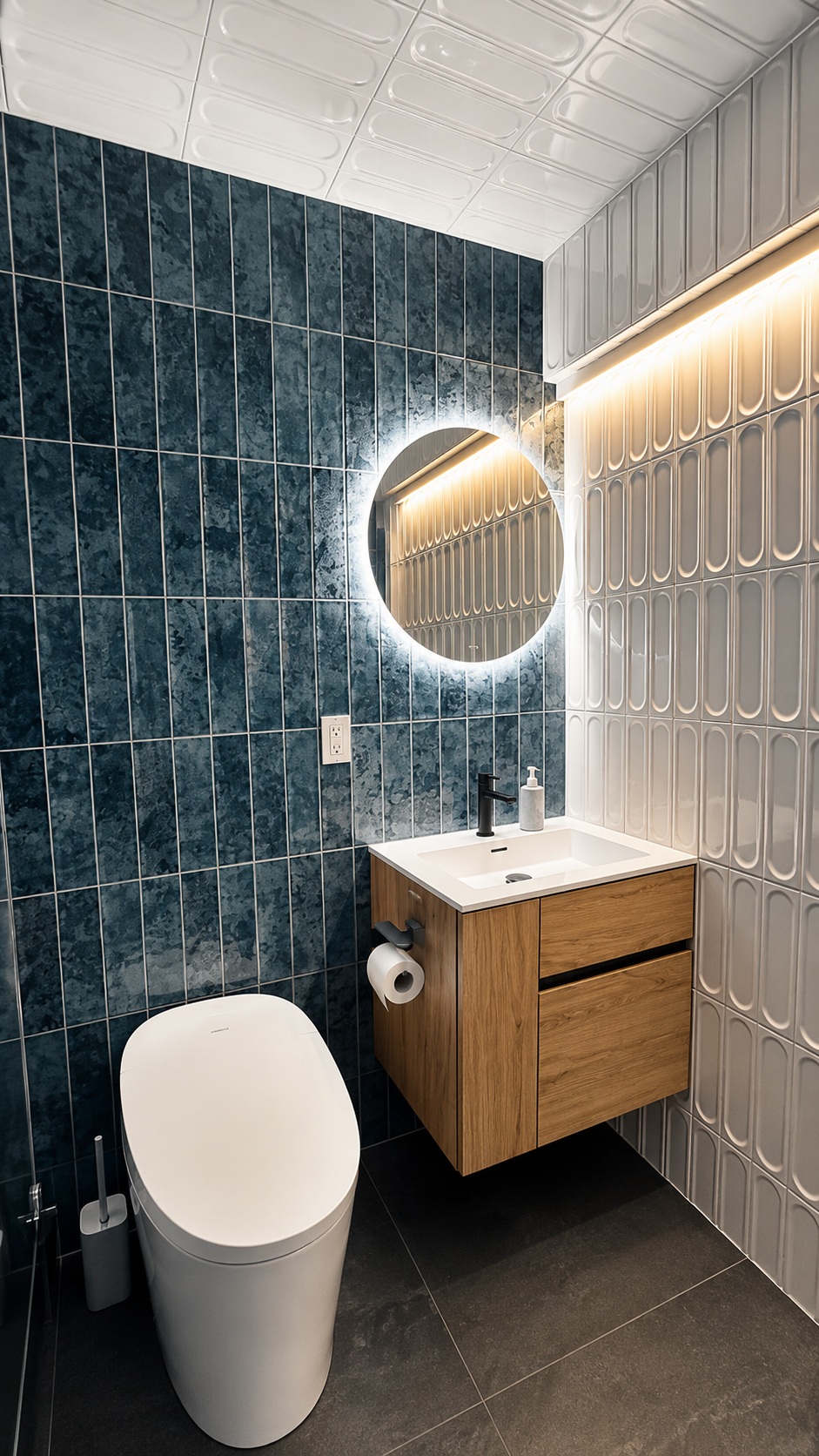 Modern bathroom with dark blue tiled wall, white textured wall, and white ceiling. Features a round illuminated mirror, wooden vanity with sink, black faucet, soap dispenser, and a toilet with a toilet brush and toilet paper roll.