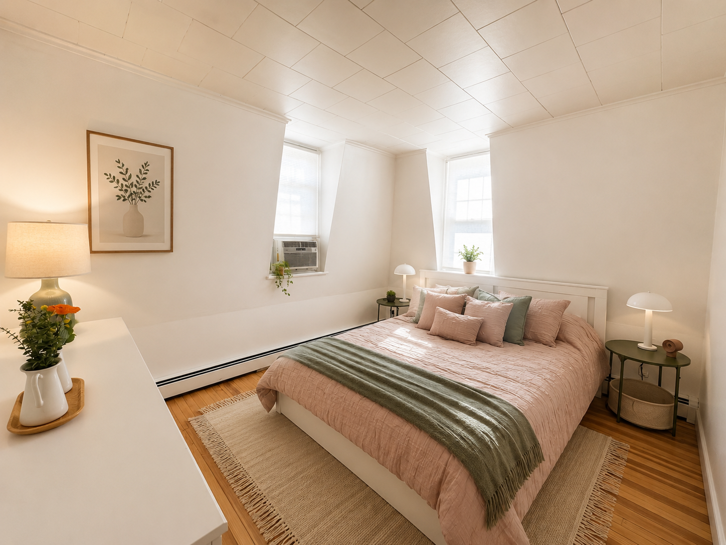 A cozy bedroom with a pink bedspread, several pastel-colored pillows, and a green blanket, flanked by two nightstands with white lamps, and decorated with plants and artwork in a well-lit room with hardwood floors.