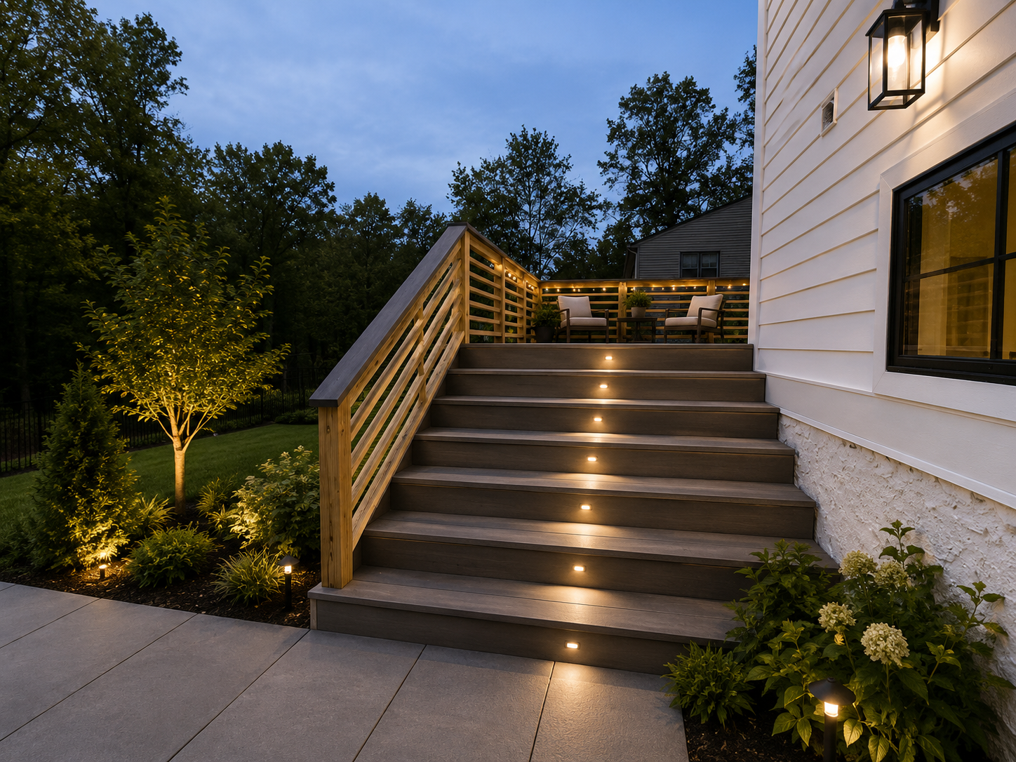 Residential backyard deck with stairs, built-in lighting, seating area with two chairs and table, surrounded by trees and plants at dusk.