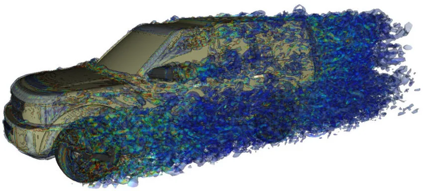Illustration of air turbulence created by an SUV - note that there is considerably more disruption to airflow compared to the aerodynamically-designed Tesla (top). Credit: Unplugged Performance & Adrian Gaylard