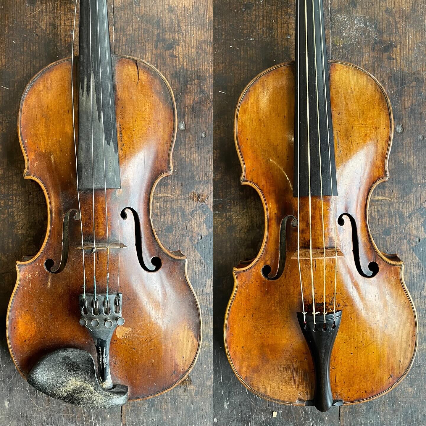 Restoring a beautiful old Klotz school violin.

Sitting neglected for decades accumulating dust &amp; dirt, this violin came in to be revived.

After gluing cracks, adding &amp; securing wood, deep cleaning, varnish reviving and setting up, the beaut