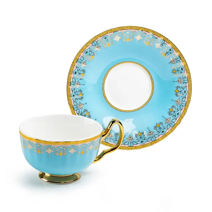 Blue Floral Toile Porcelain Tea Cup and Saucer
