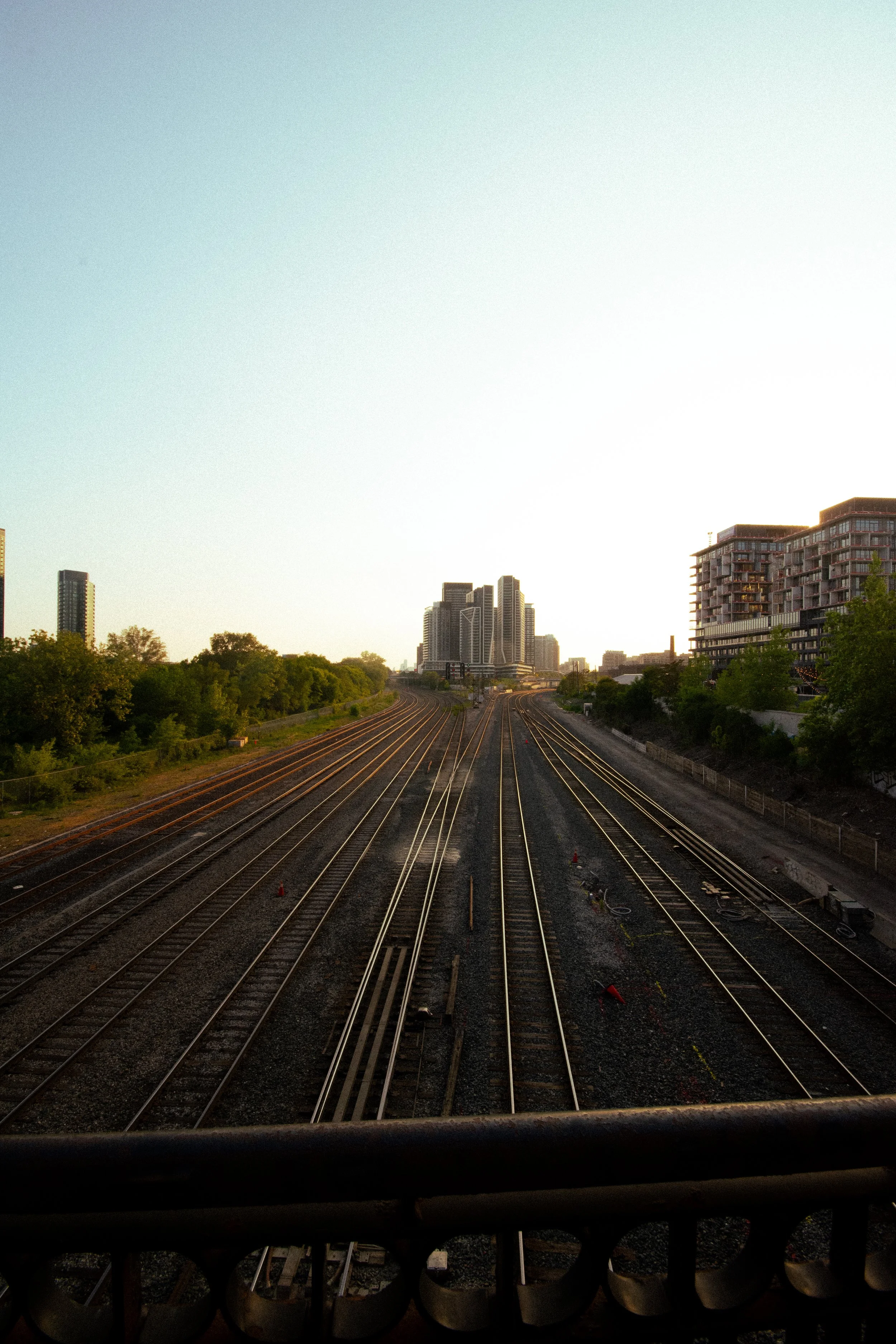 View of multiple train tracks extending towards the city skyline during sunset, with tall buildings and trees on either side.