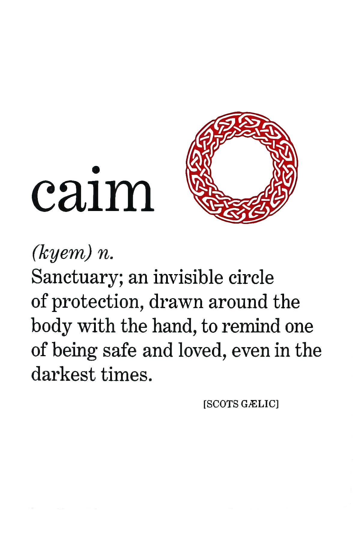 Close-up of a dictionary page defining the word 'cairn,' with a red decorative circle above containing a square shape. The text describes a cairn as a sanctuary or an invisible circle of protection drawn around the body with the hand as a reminder of safety and love during difficult times.