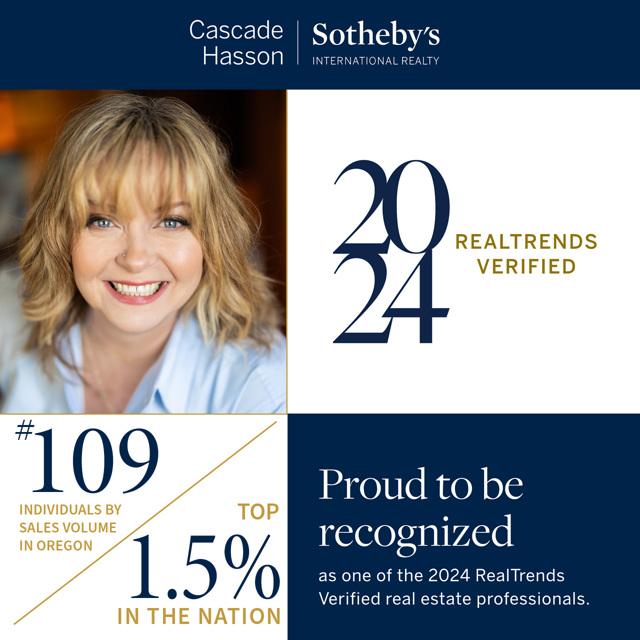 Kris Kachirisky. Text overlay includes 'Cascade Hasson Sotheby's International Realty,' '2024 RealTrends Verified,' '#109 Individuals by Sales Volume in Oregon,' and details about recognition as a top real estate professional.