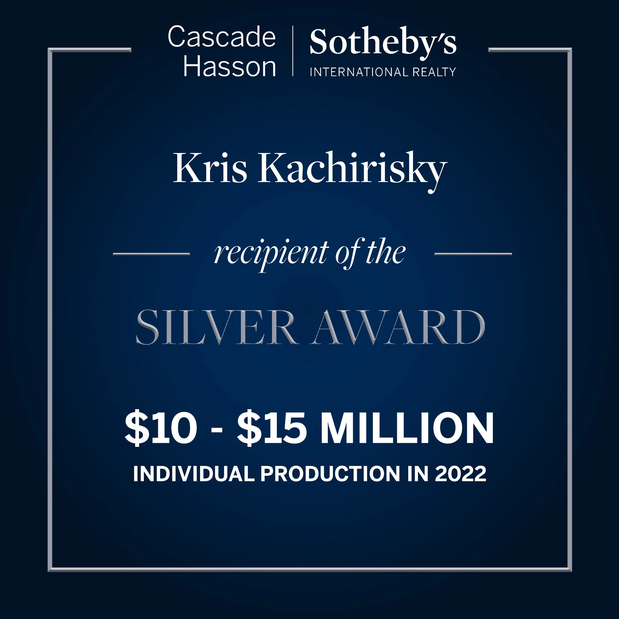 Award certificate titled 'Silver Award' from Cascade Hasson Sotheby's International Realty for individual production in 2022, with a dark blue background and silver framing.