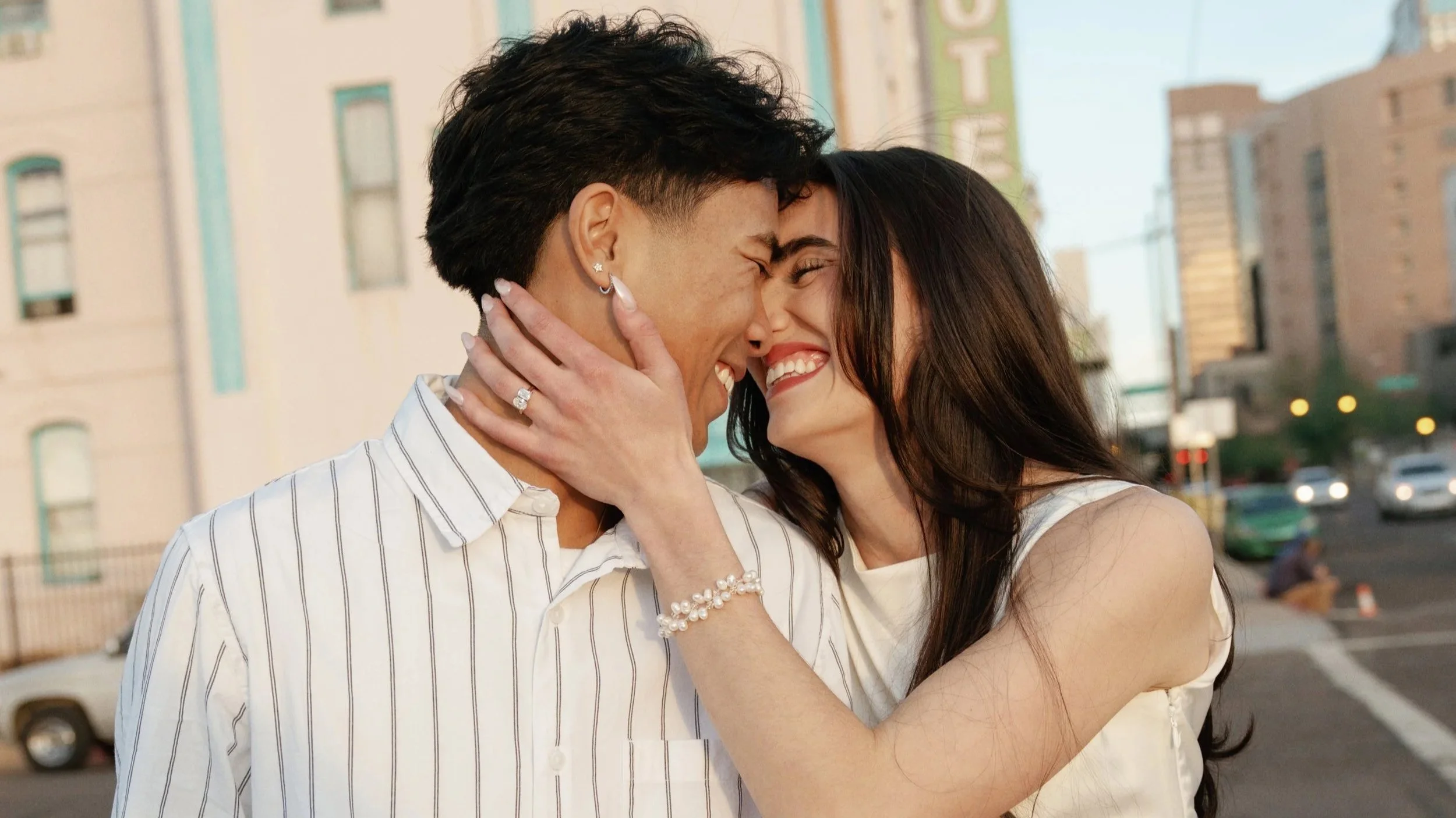 cute young couple downtown Phoenix date night engagement session