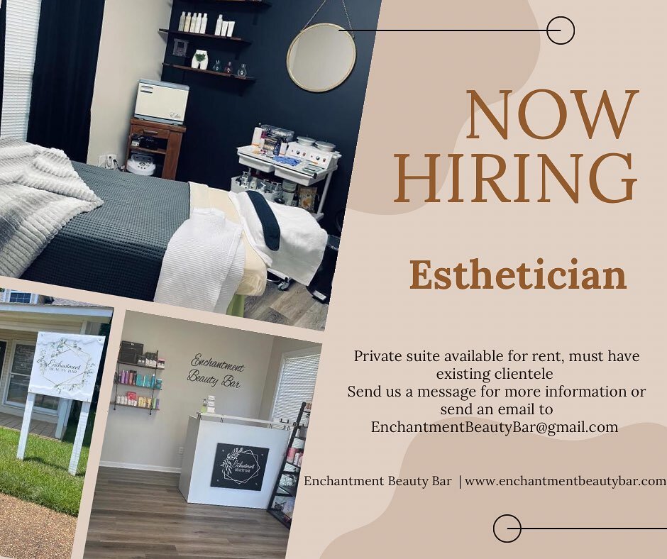 We are hiring! We have one private suite available for rent on our new spa side of the salon. Message us for details or send us an email at enchantmentbeautybar@gmail.com.

Booth rental only, must have existing clientele