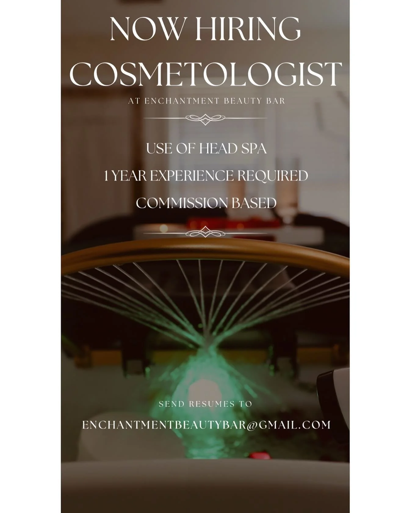 ✨ We&rsquo;re Hiring ✨
Looking for a licensed cosmetologist with at least 1 year of experience!
💆&zwj;♀️ Enjoy full access to our luxury Head Spa
💵 Commission-based position &ndash; perfect for someone still building their clientele
📱 Must be comf