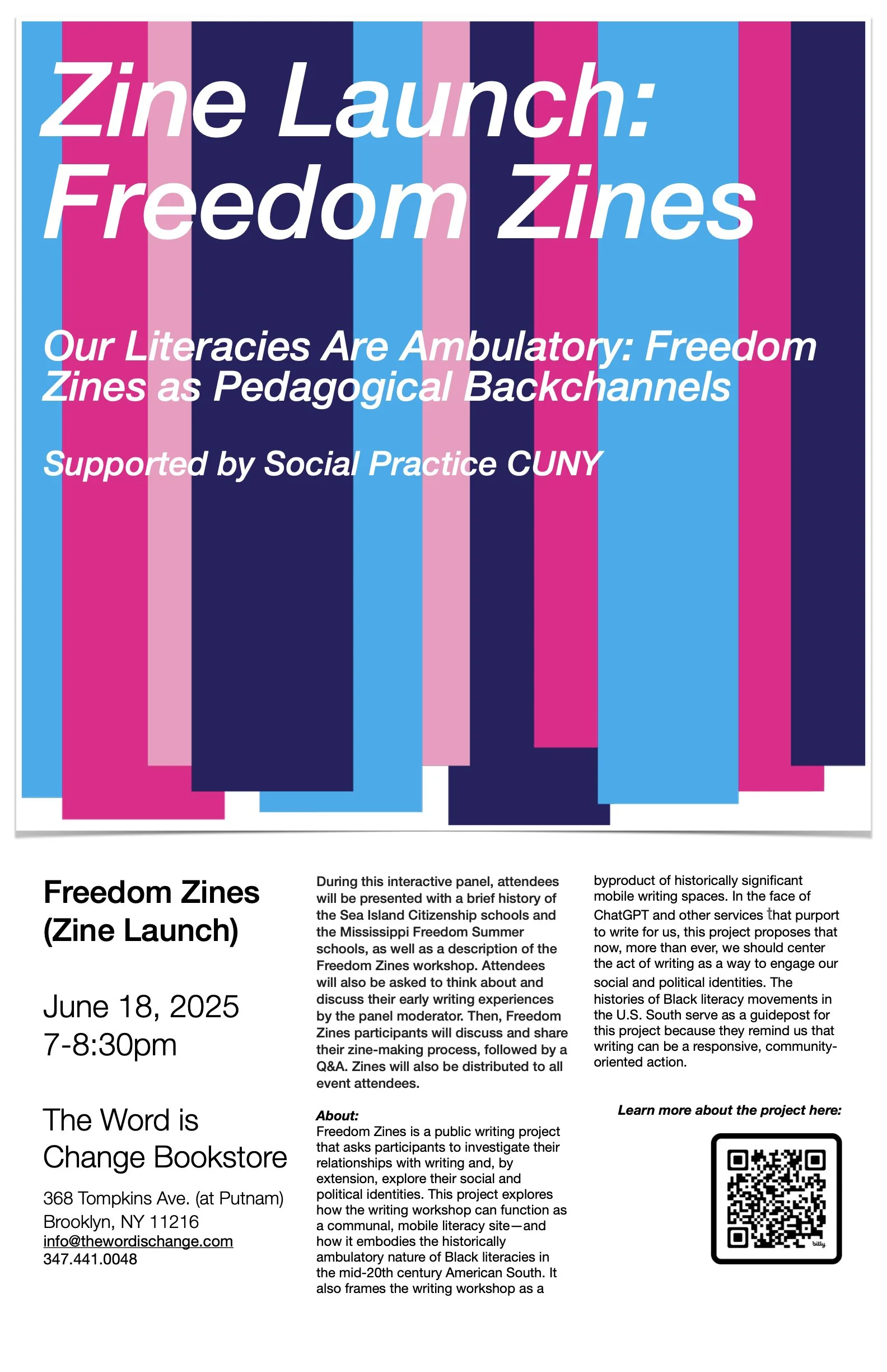 Blue, purple, and pink flyer with the text Zine Launch: Freedom Zines in white text over top.