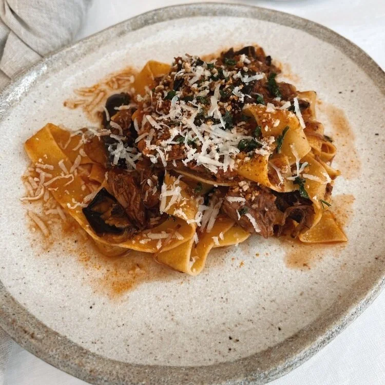 Slow Cooked Beef Ragu Papadelle Pasta w Pangrattato