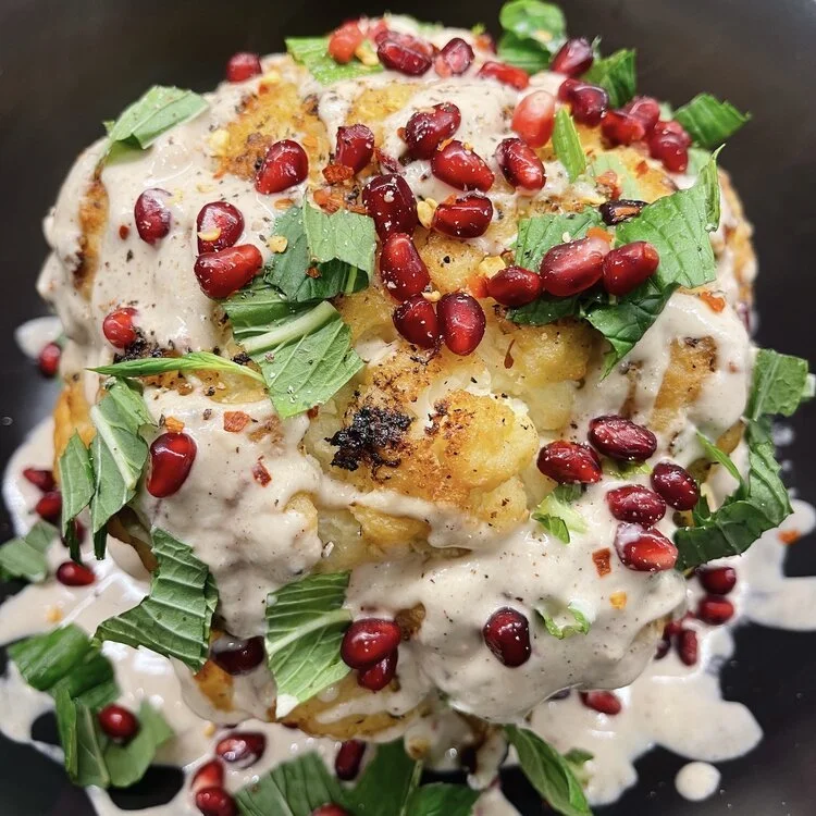 Whole Roasted Cauliflower w Chilli Tahini, Mint &amp; Pomegranate