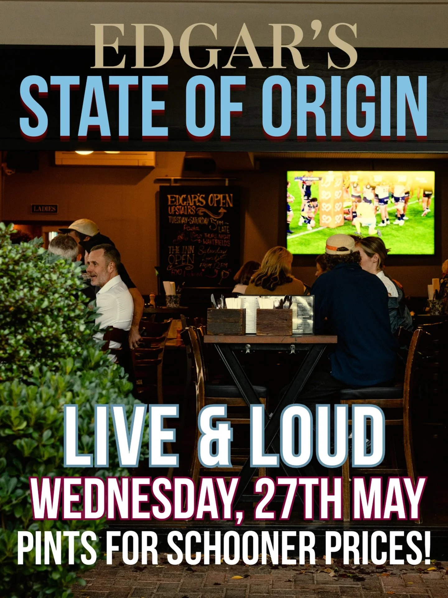 Giddy up - the best time of year is upon us!! 💙💜

State of Origin Game One is NEXT WEDNESDAY!! And Edgar&rsquo;s will be playing the game LIVE AND LOUD! 

We&rsquo;re also offering pints of @tooheys_au ultra, for the price of schooners, during the 
