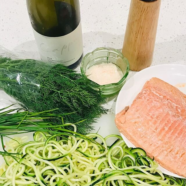 A little dinner inspo for iso... After not entertaining family and friends at Easter I had poached Trout left over.. I put it in the freezer for a night like tonight... 💚spiraled zucchini, dill, chives, a splash of yummy Chardy and seasoned with S&a