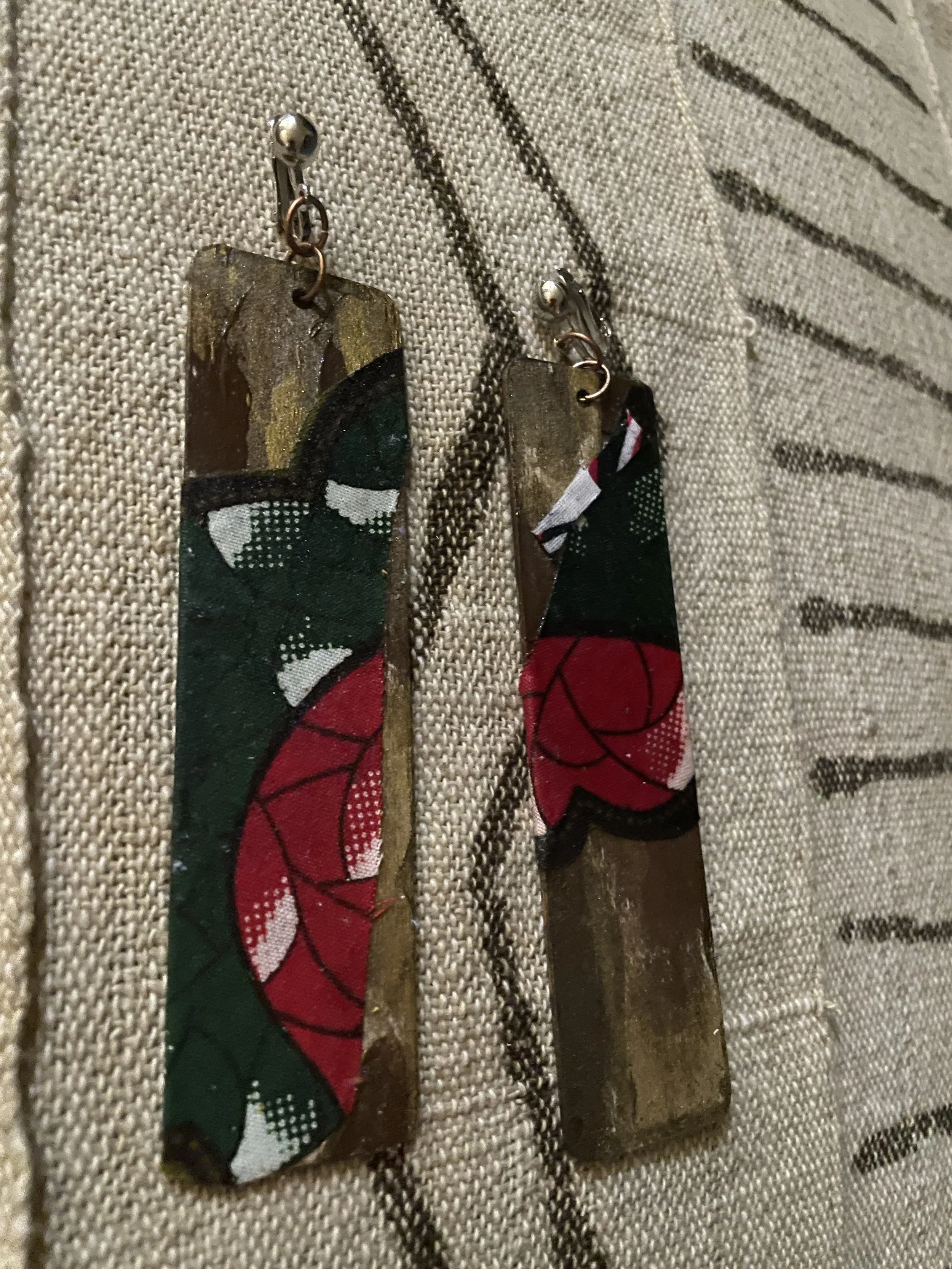 Clip On wood and fabric earrings