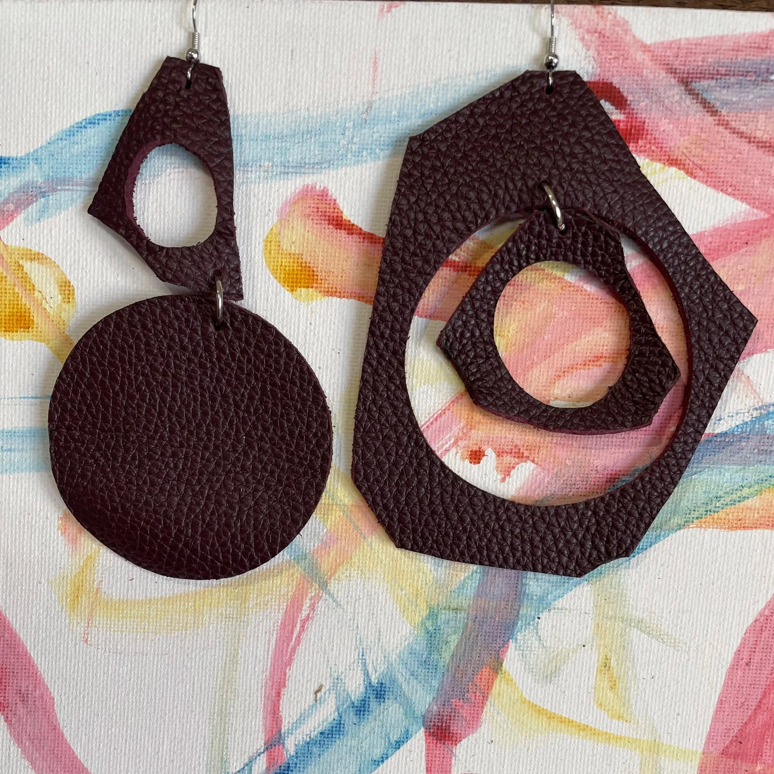 Reclaimed Maroon Leather Abstract Earrings