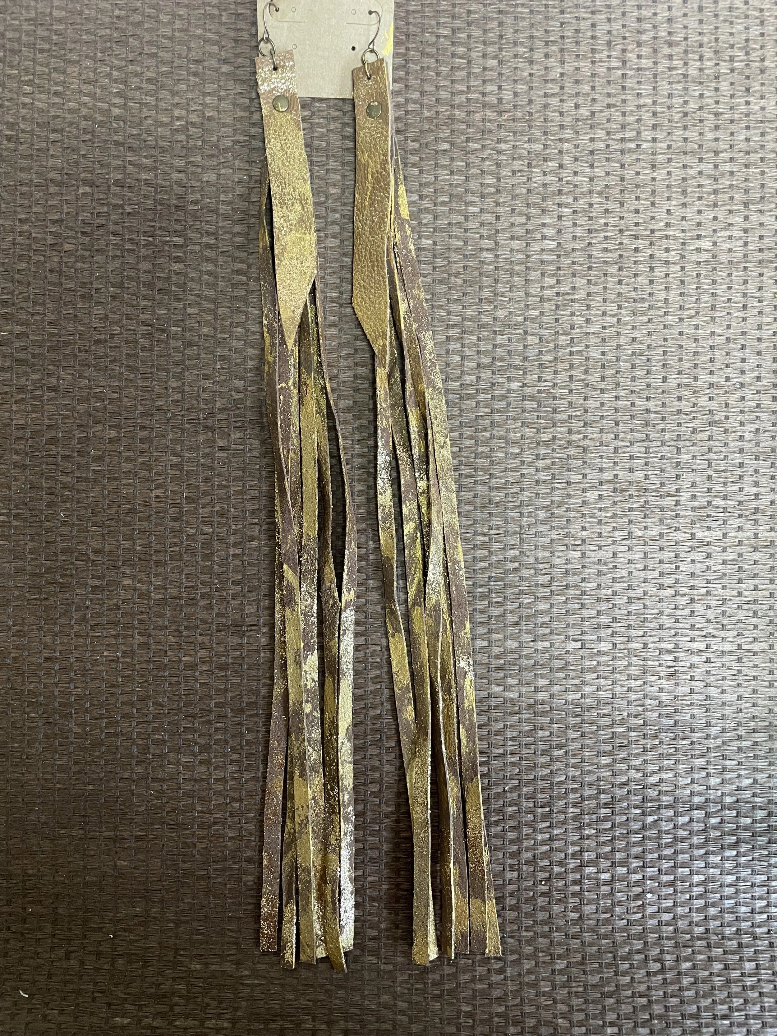 Reclaimed Leather Fringe Earrings Gold Sparks