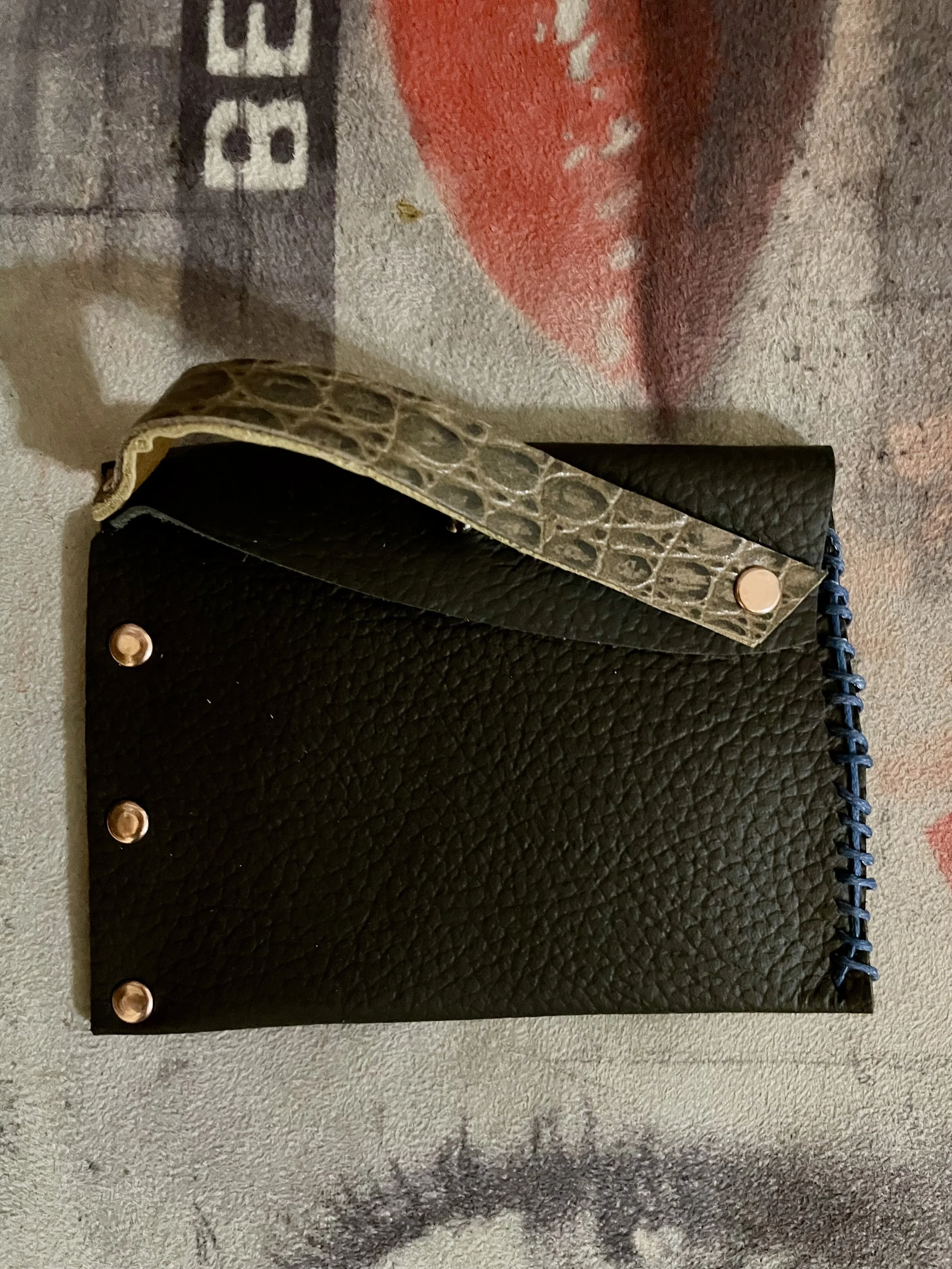 Reclaimed Chocolate Leather mini Wallet with Blue Stitching
