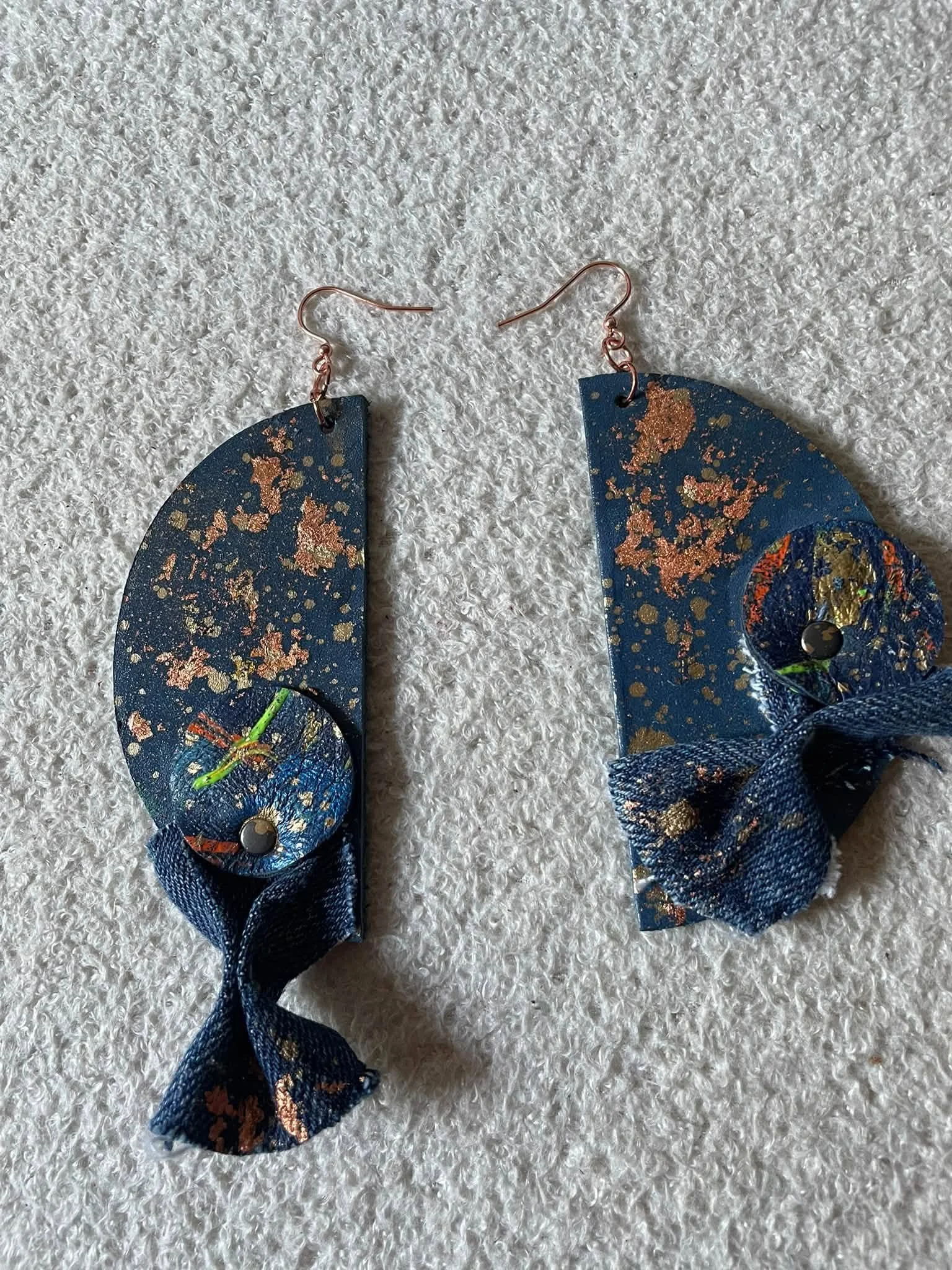 Blue Leather Artisan Earrings with Copper Accents