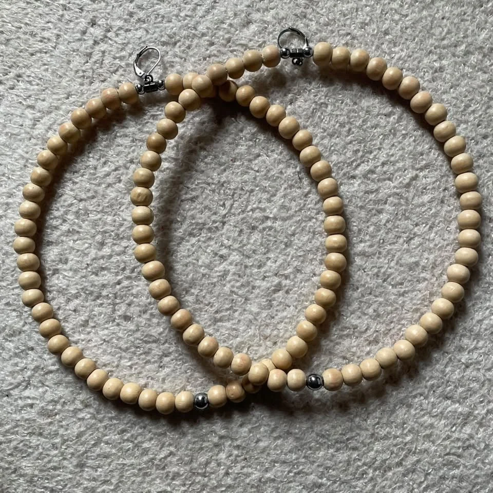 Oversized Cream Wood Beaded Earrings with Silver Accents