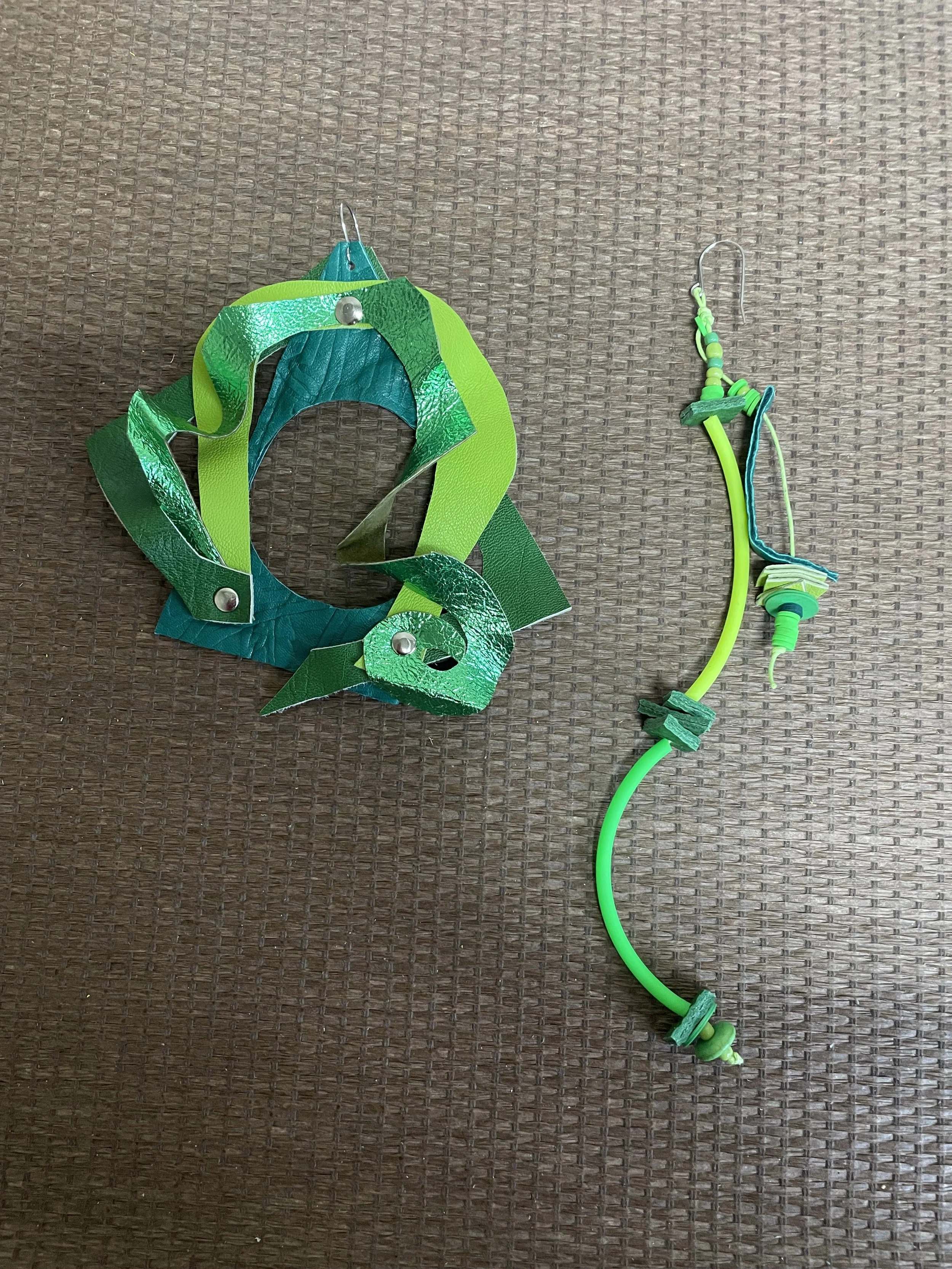 Mix Greens Asymmetrical Reclaimed Leather Earrings