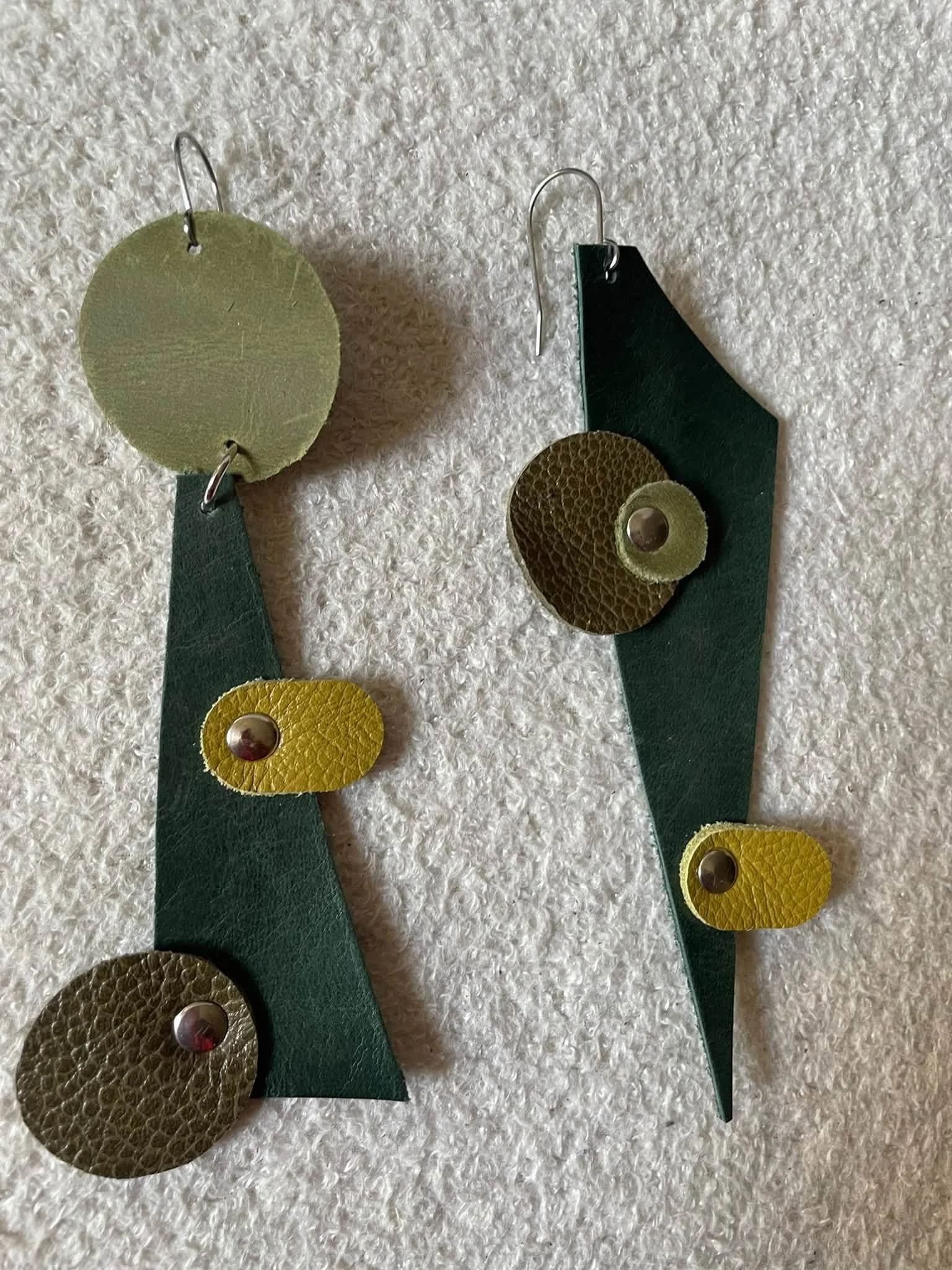 Asymmetrical Reclaimed Green Leather Earrings