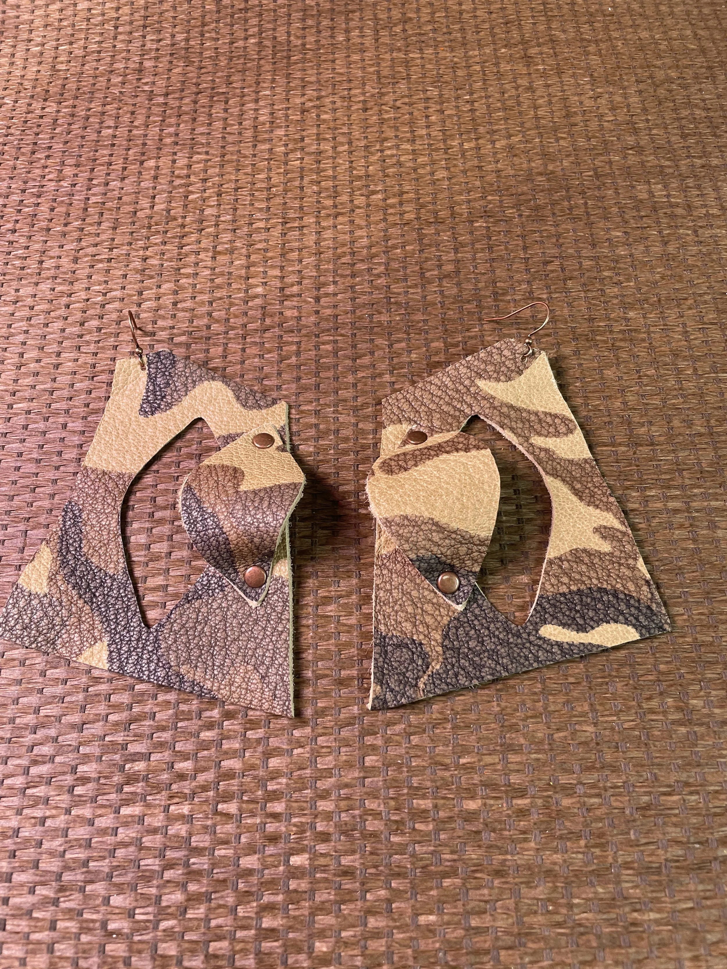 Sand Camo Square Leather Earrings