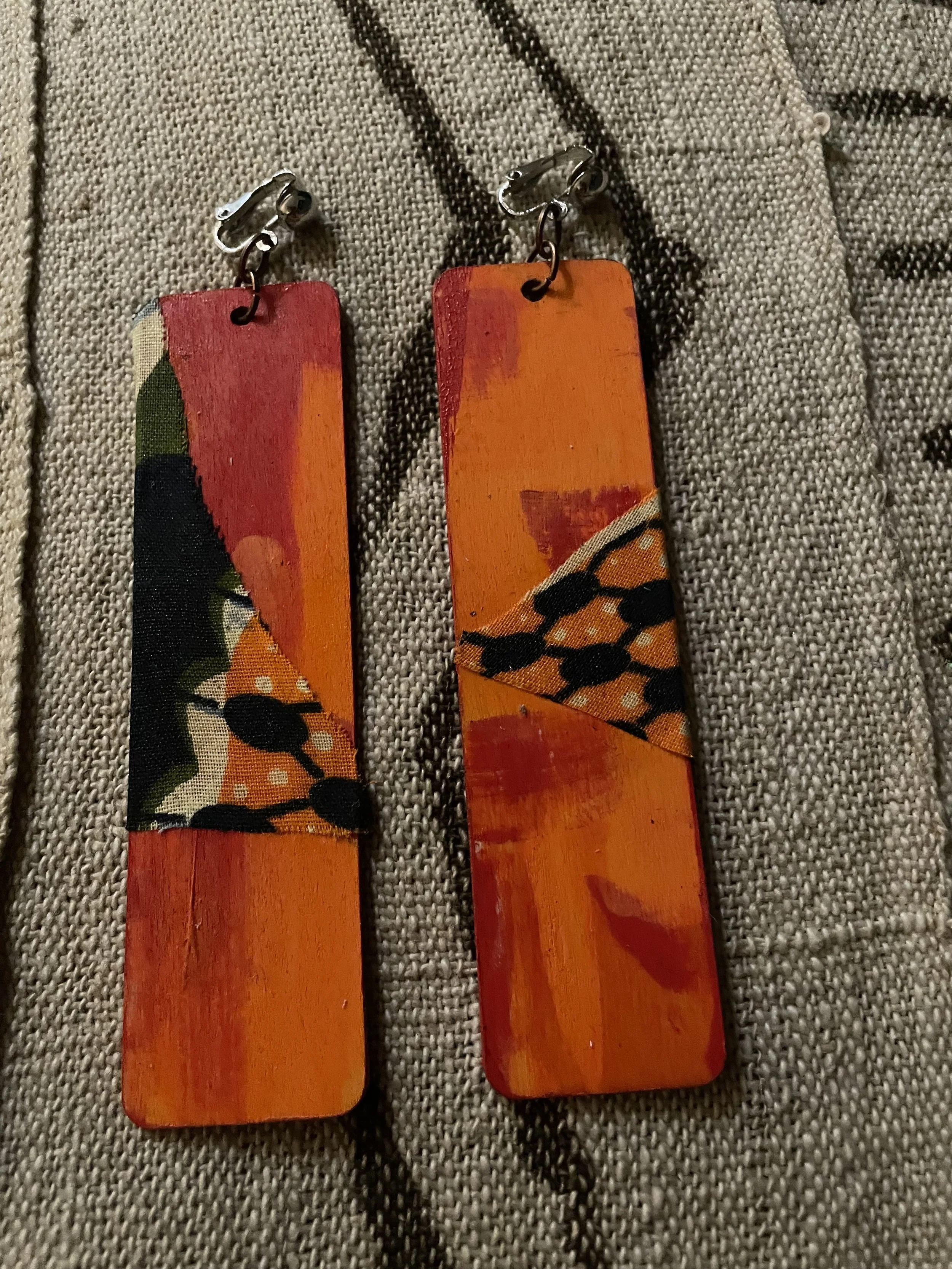 Orange Clip On Wood earrings