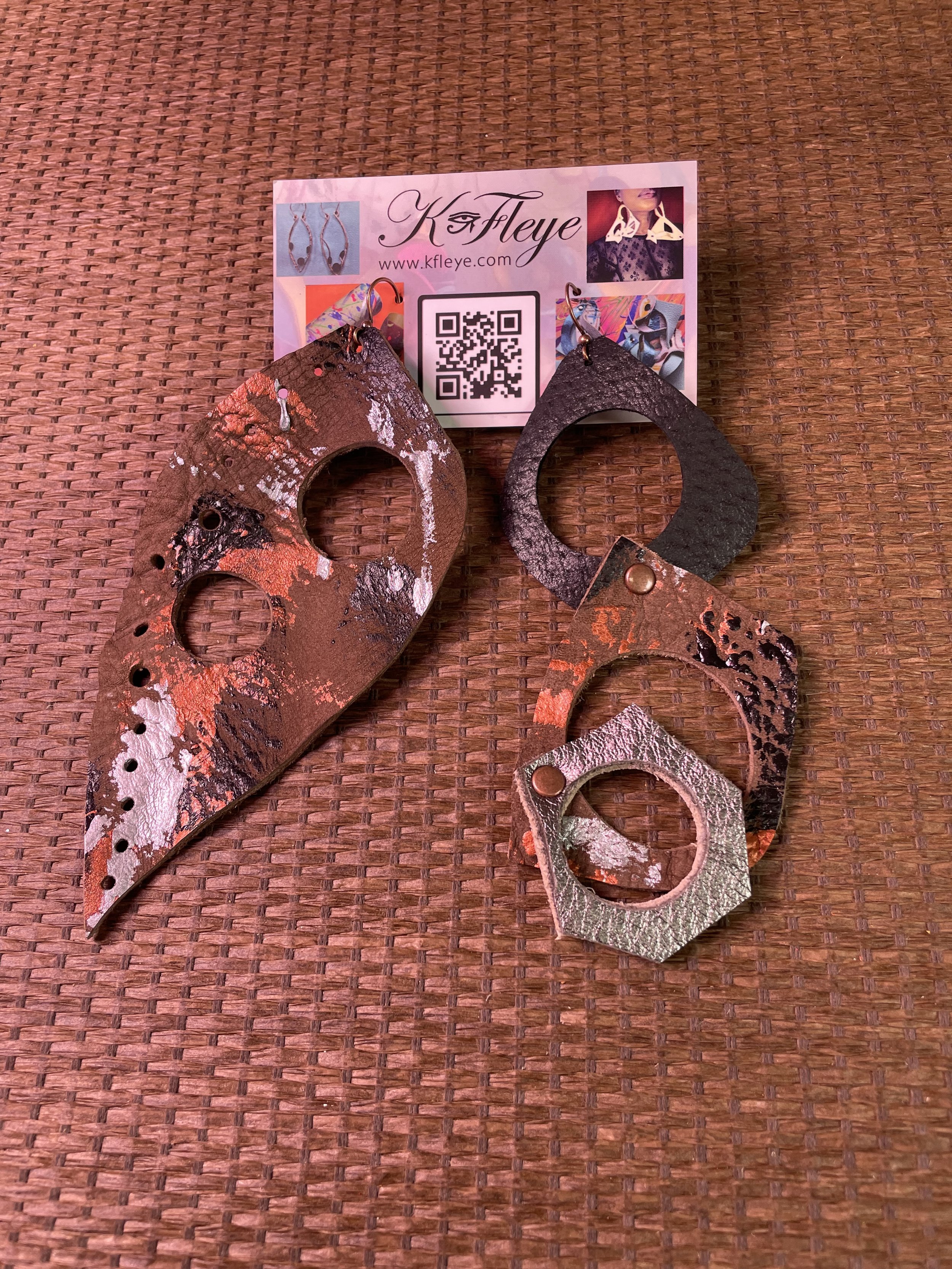 Painted copper silver black leather earrings