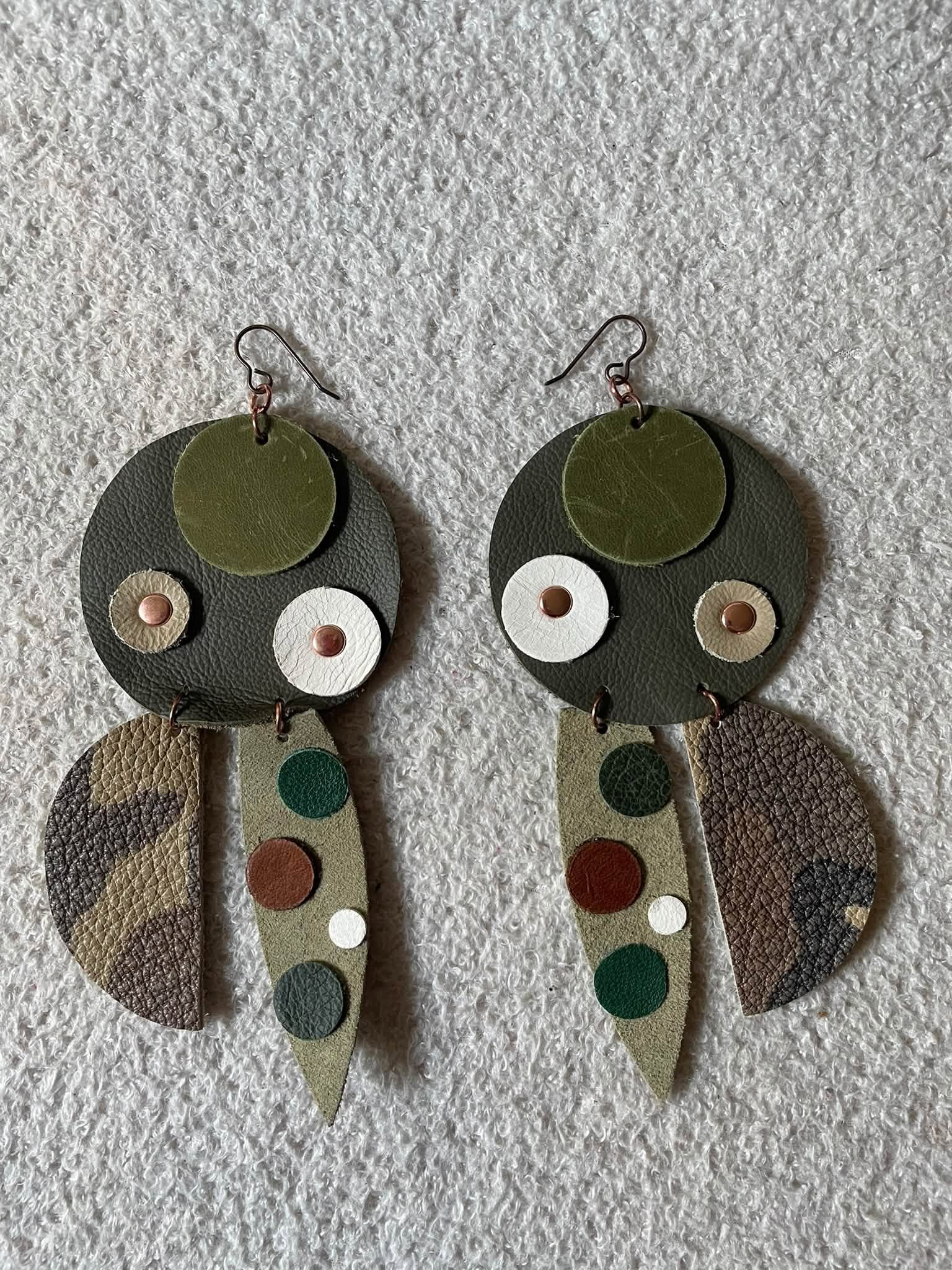 green and sand Camouflage Leather Earrings