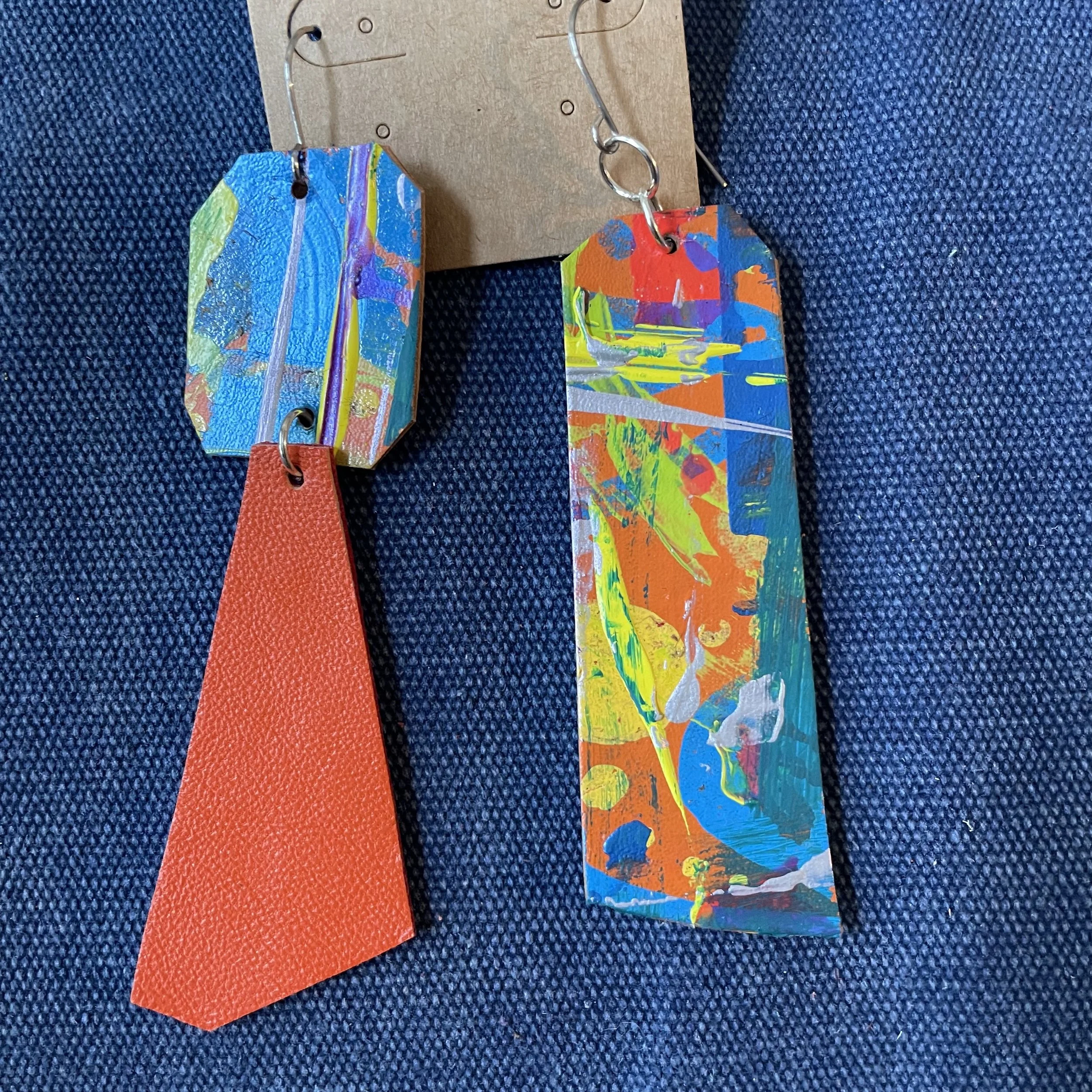 Painted Abstract hour Leather earrings