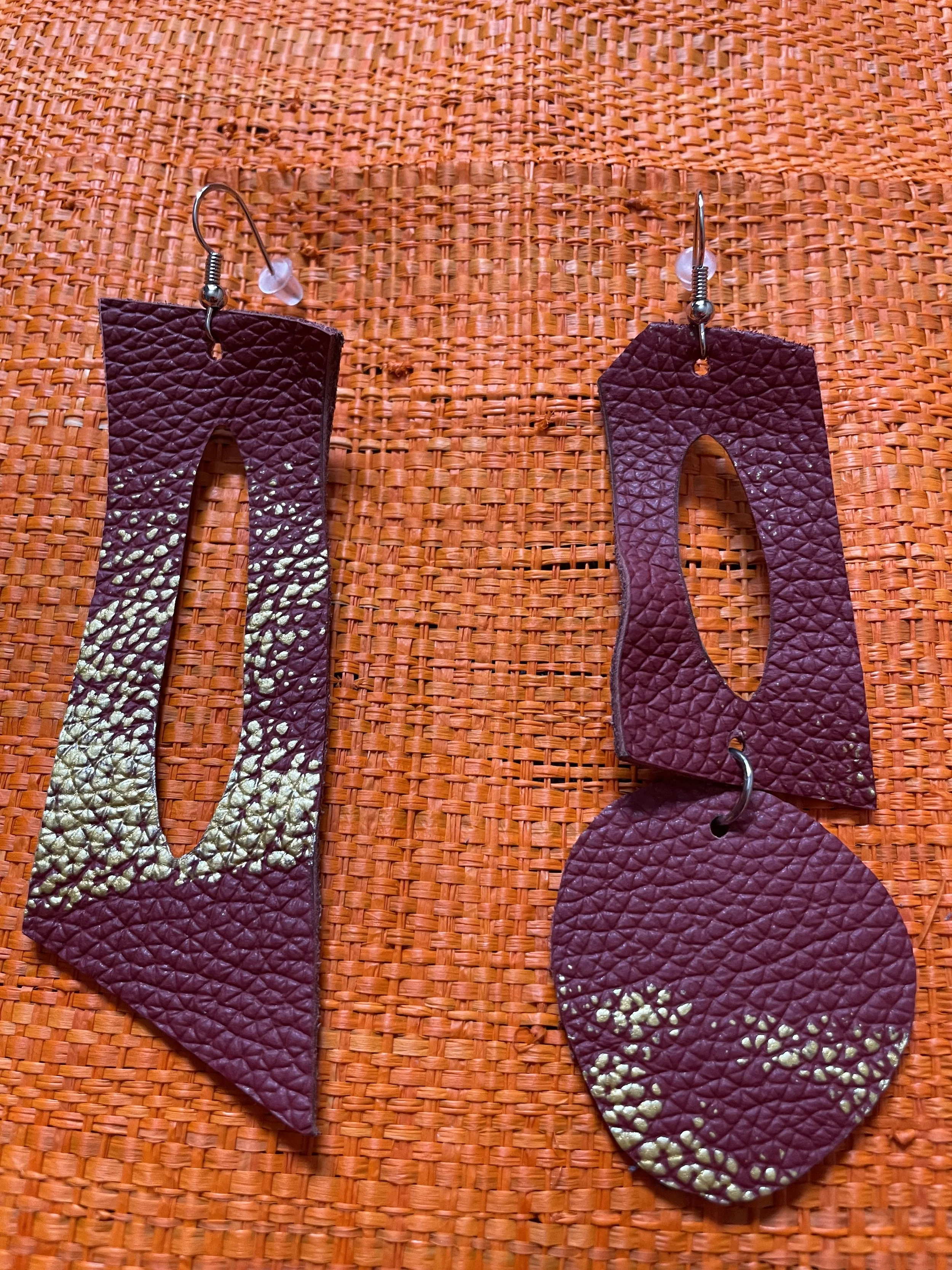 Reclaimed Red Leather Earrings with Gold Accents